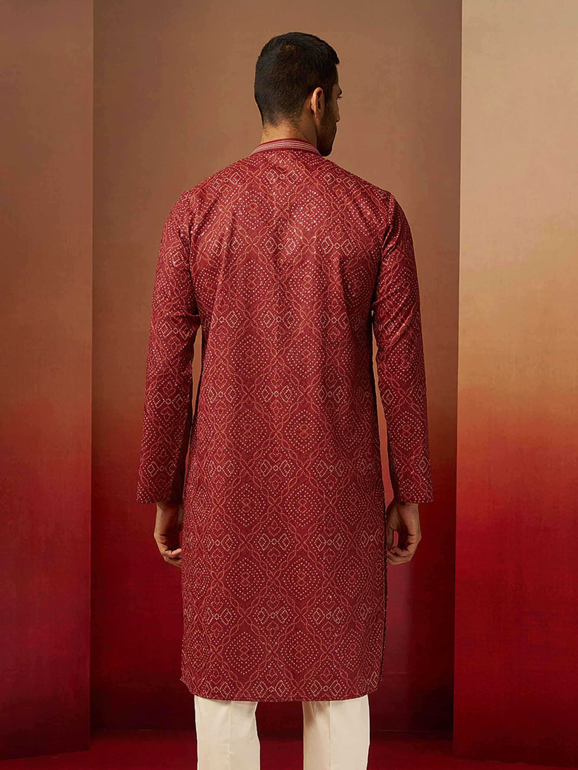 Men Rust Cotton Bandhani Embroidered Kurta - Image 5