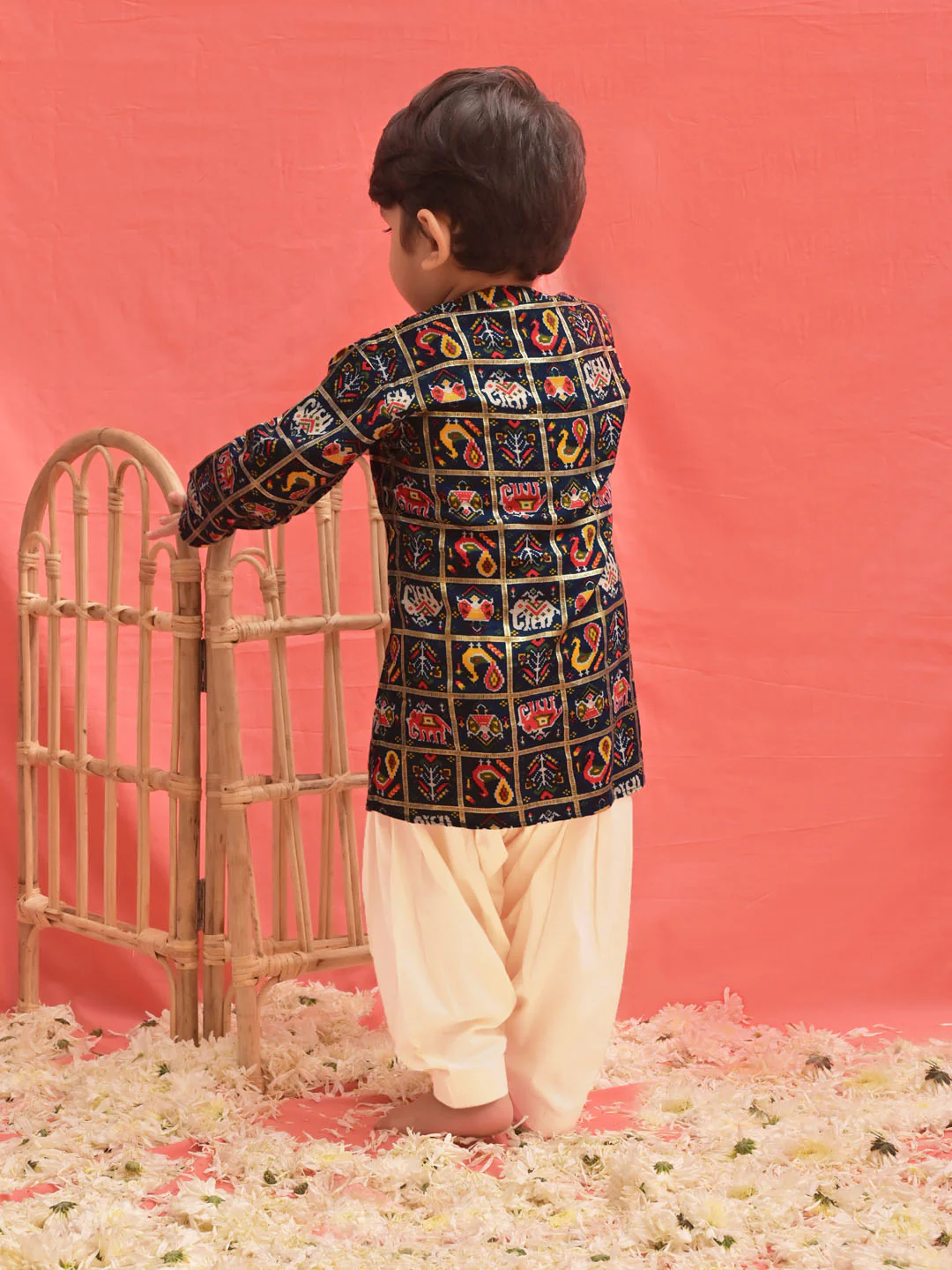 Sishu Boy's' Blue Patola Print Festive Kurta Pyjama Set - Image 3