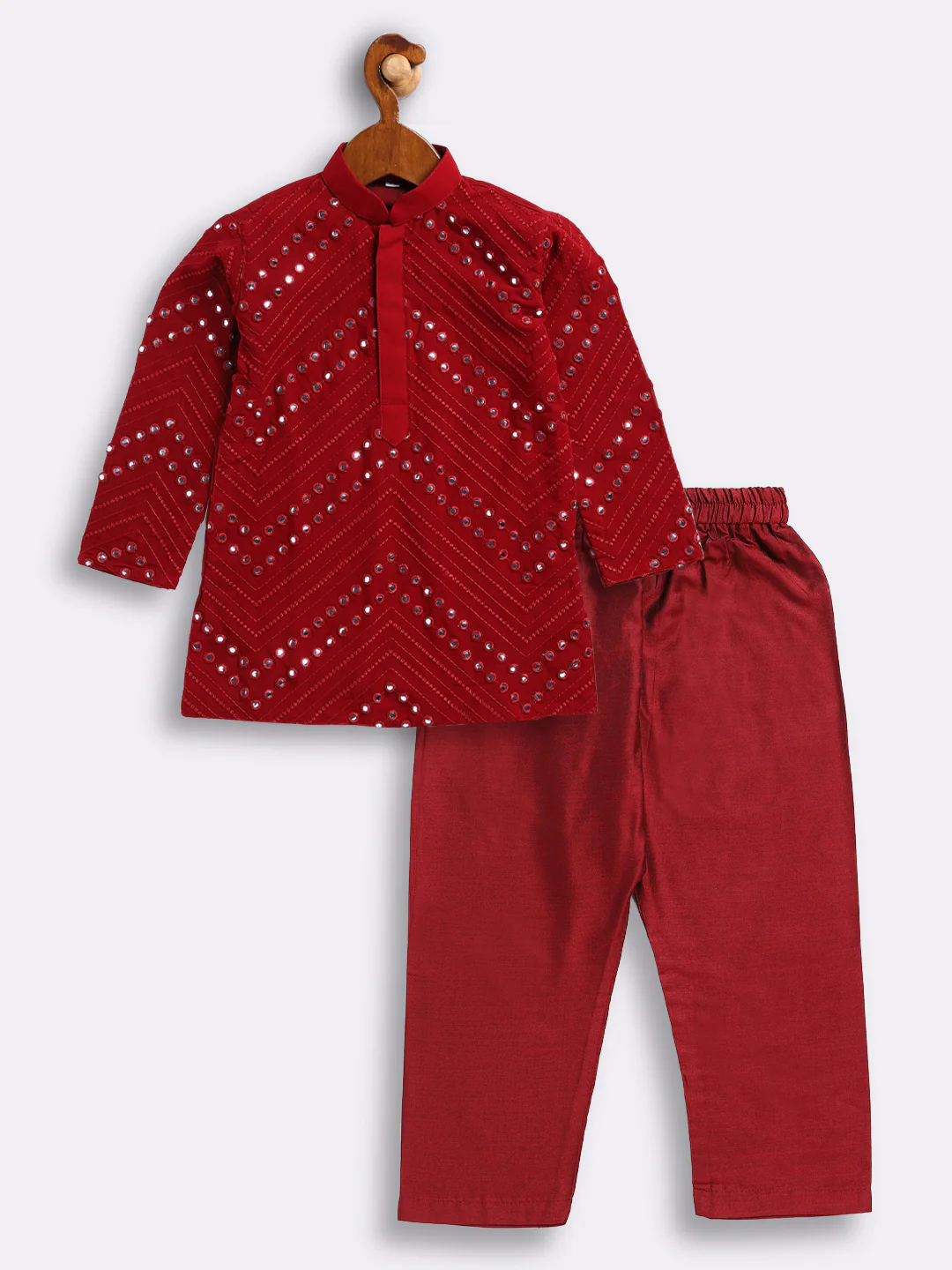Sishu Boy's' Maroon Mirror Work Kurta Pyjama Set - Image 2