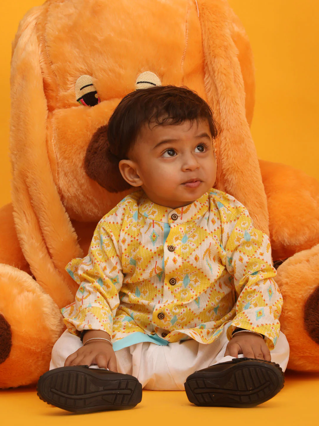Sishu Boy's Yellow And White Printed Cotton Kurta Pyjama Set