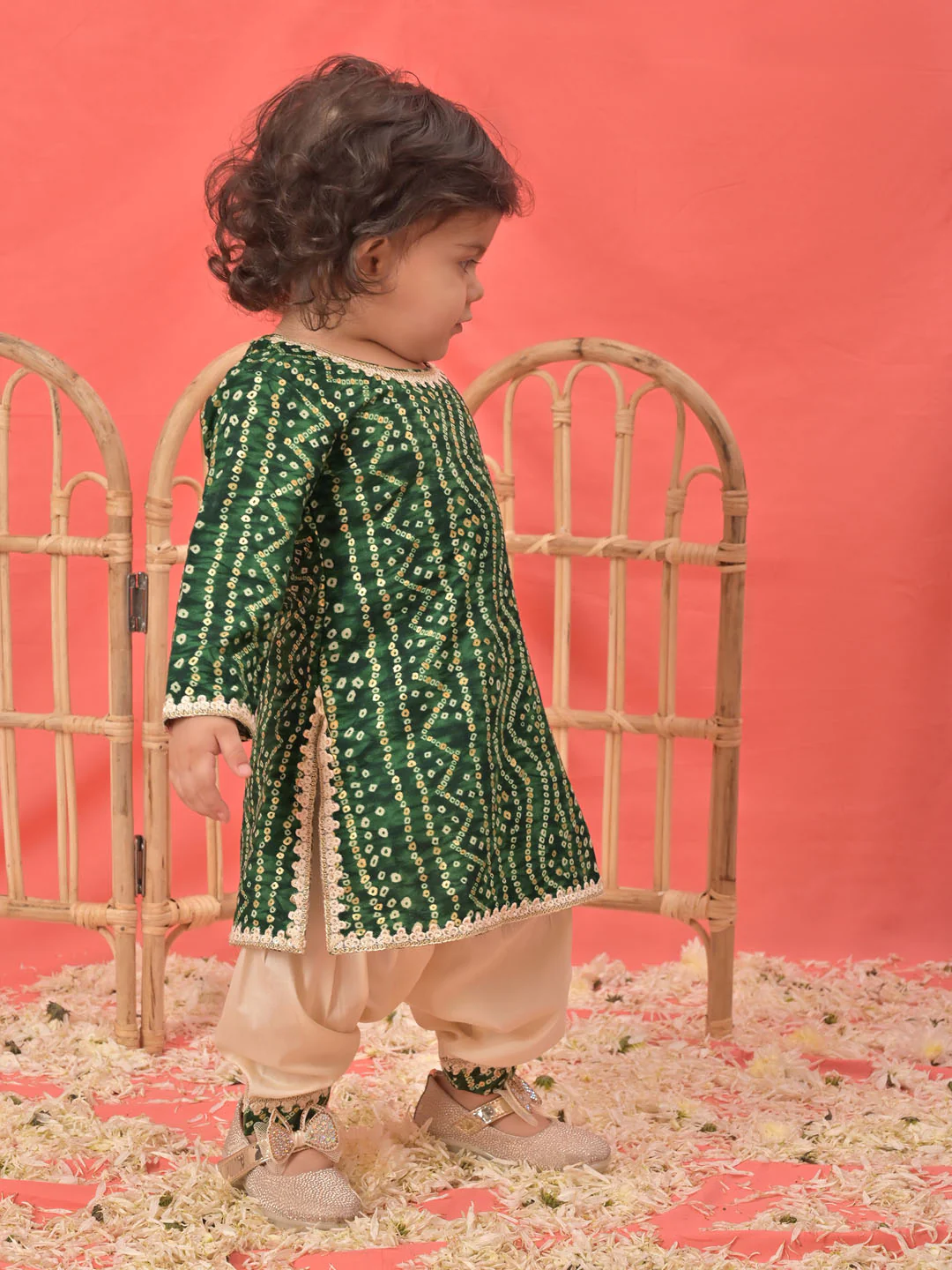 Sishu Girl's Green Bandhni Print Kurta And Patiala Set - Image 2