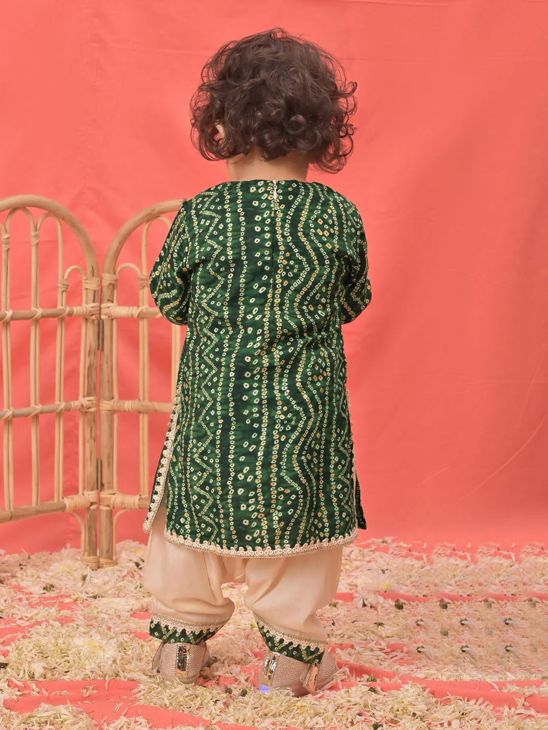 Sishu Girl's Green Bandhni Print Kurta And Patiala Set - Image 3