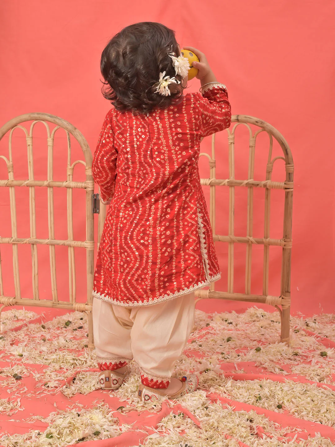 Girl's Red Bandhni Print Kurta And Patiala Set - Image 3