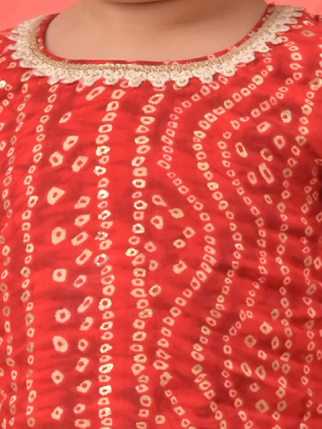 Girl's Red Bandhni Print Kurta And Patiala Set - Image 4