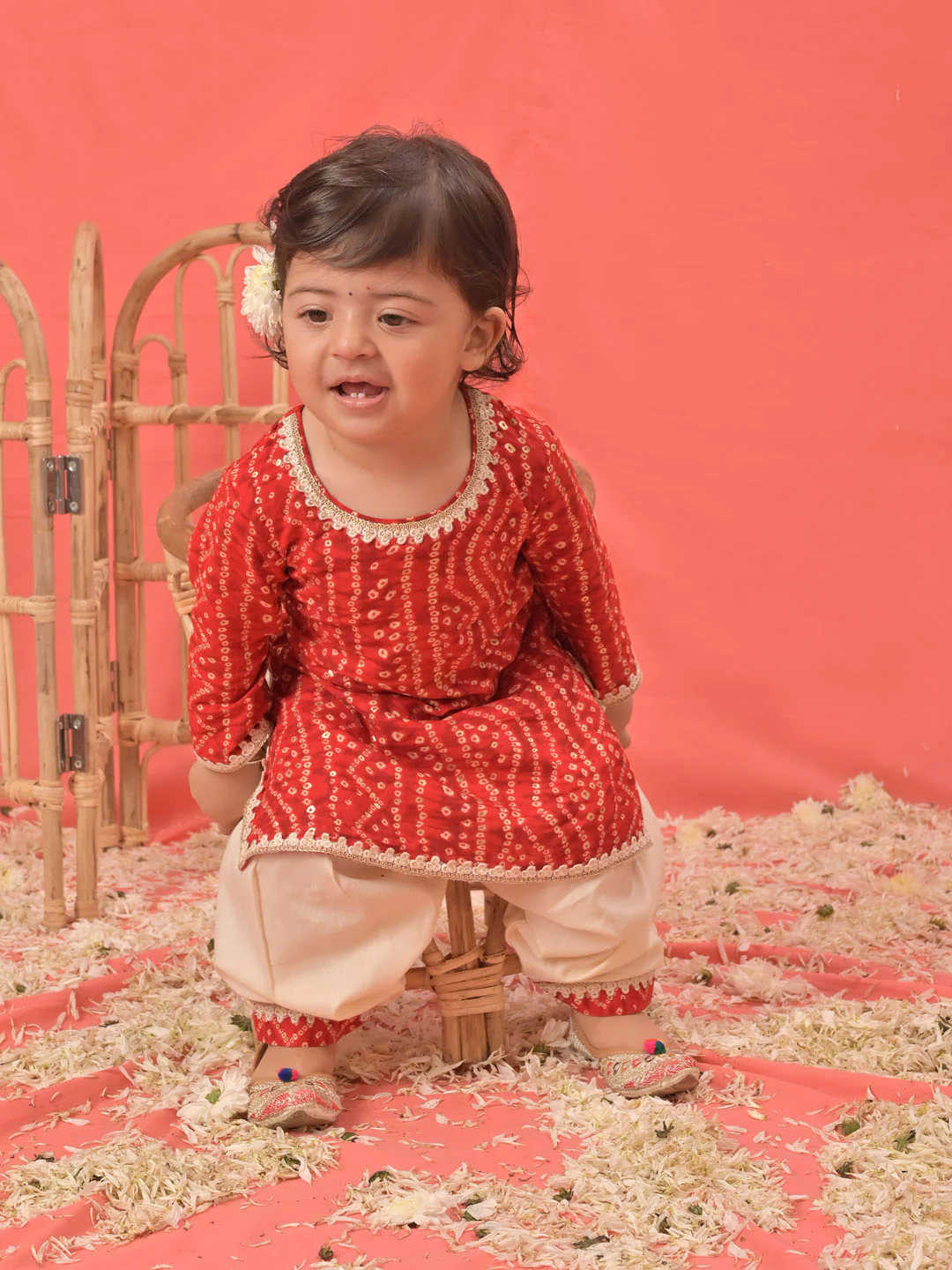 Girl's Red Bandhni Print Kurta And Patiala Set - Image 6