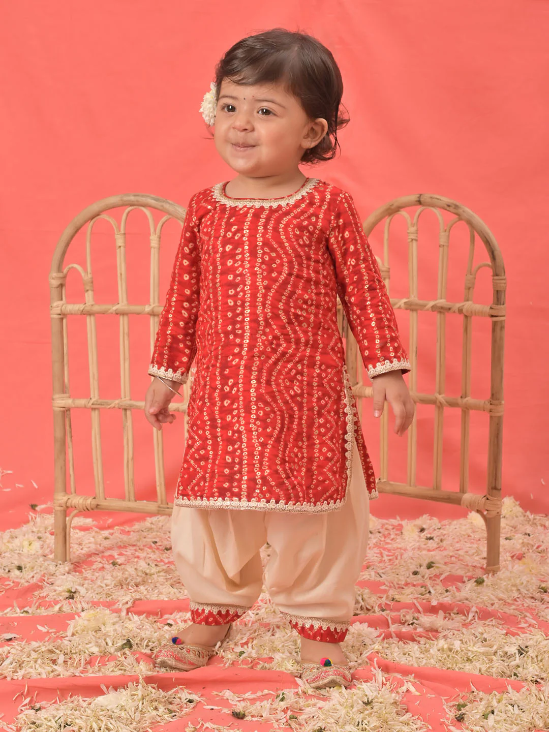 Girl's Red Bandhni Print Kurta And Patiala Set - Image 7