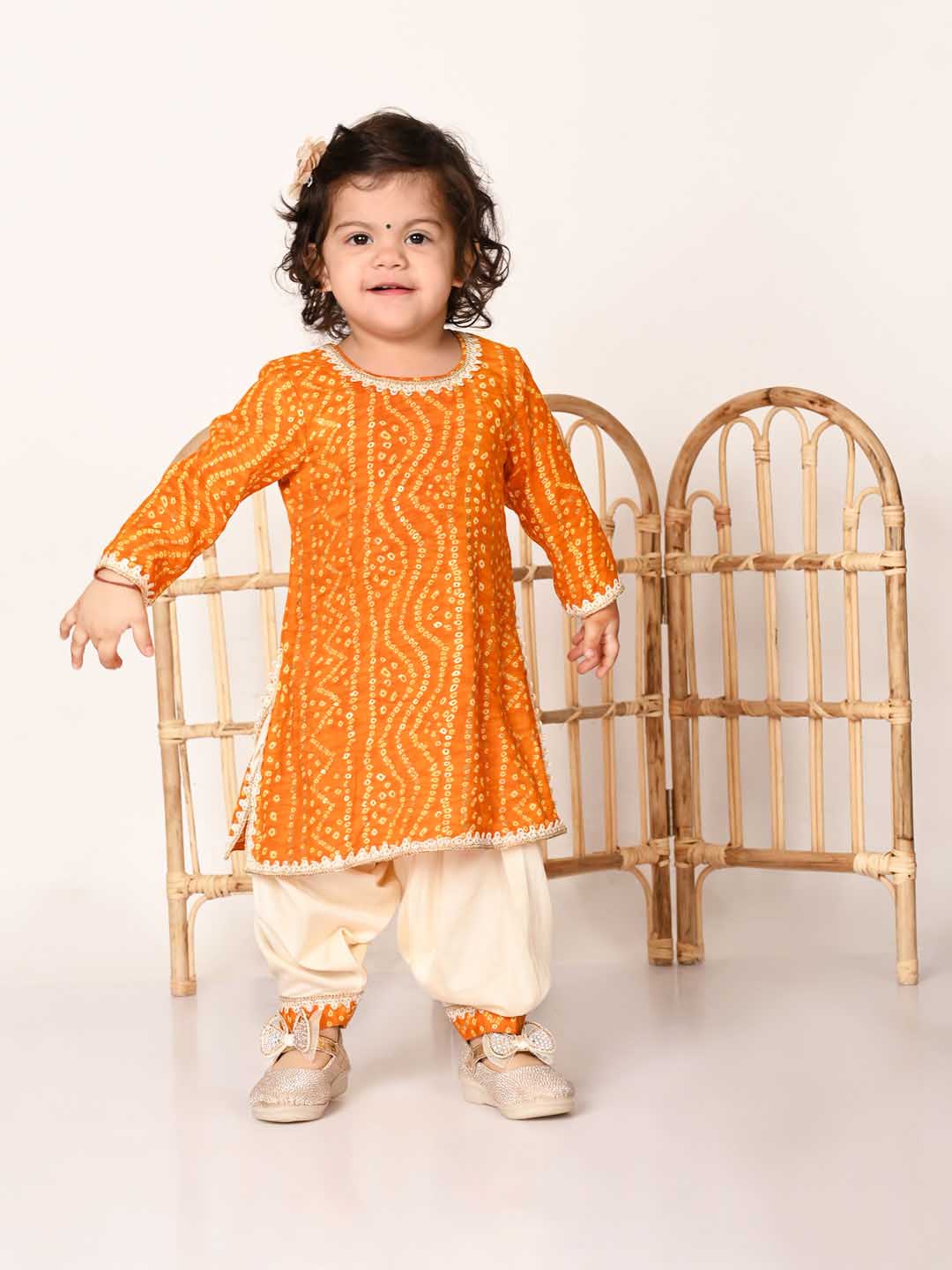Girl's Yellow  Bandhni Print Kurta And Patiala Set
