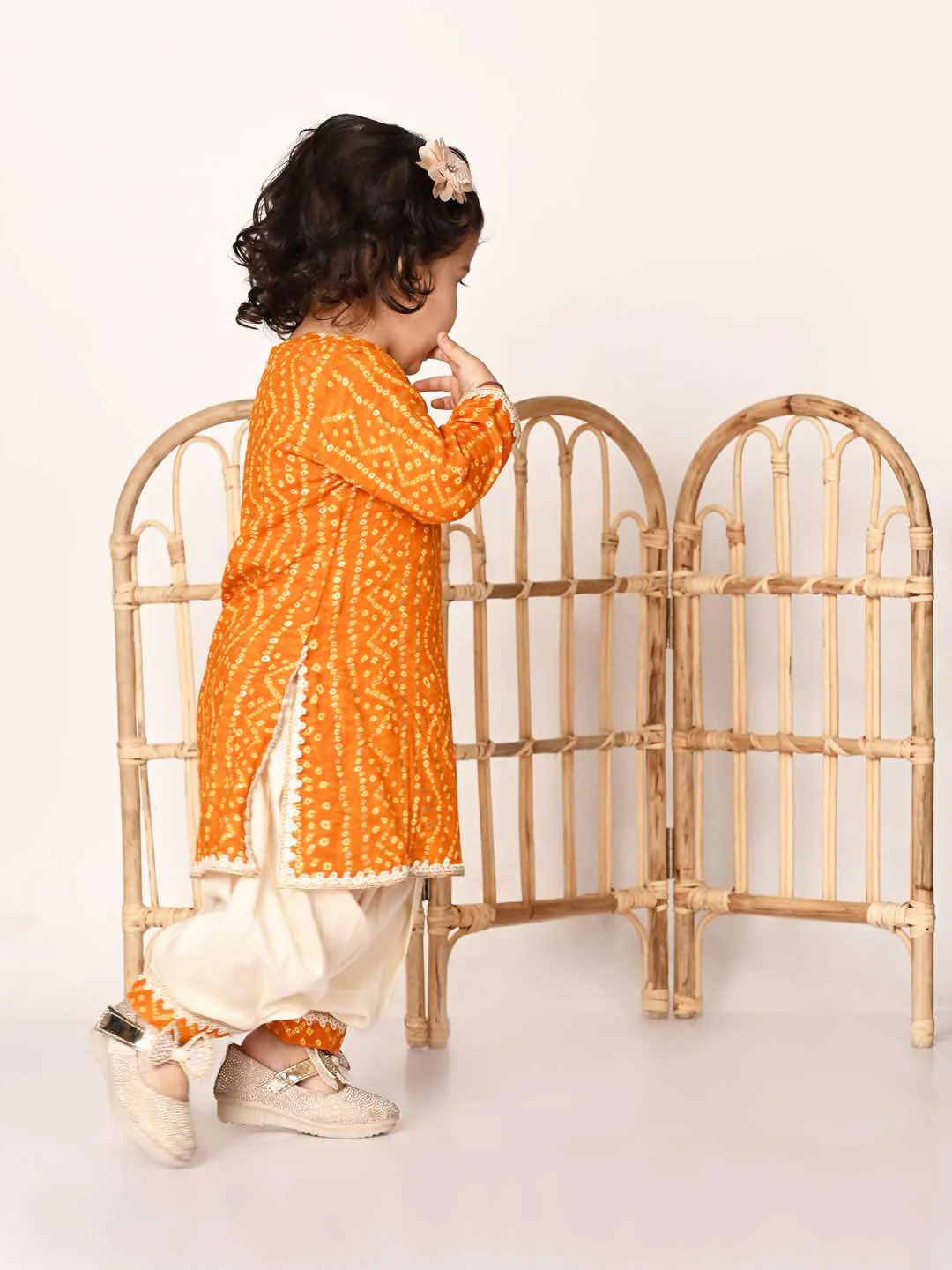 Girl's Yellow  Bandhni Print Kurta And Patiala Set - Image 2