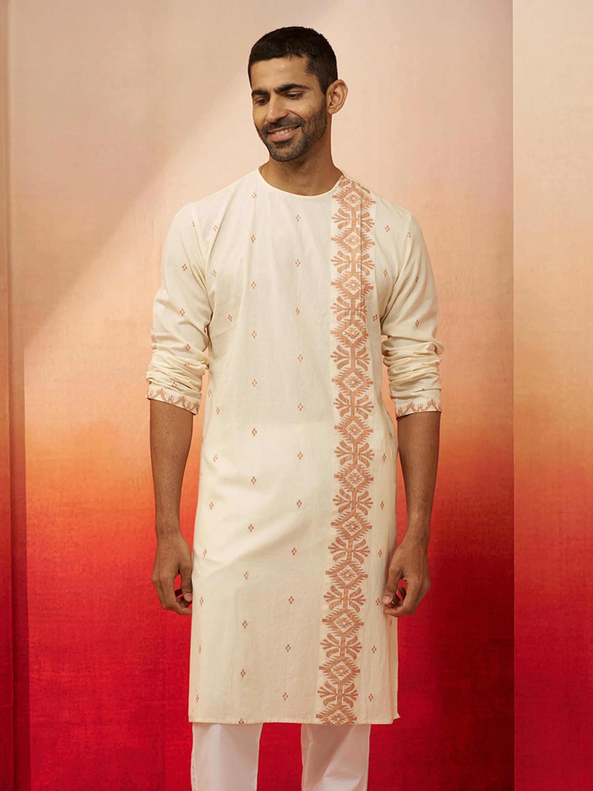 Men's White Rust Cotton Jamdani Kurta - Image 3