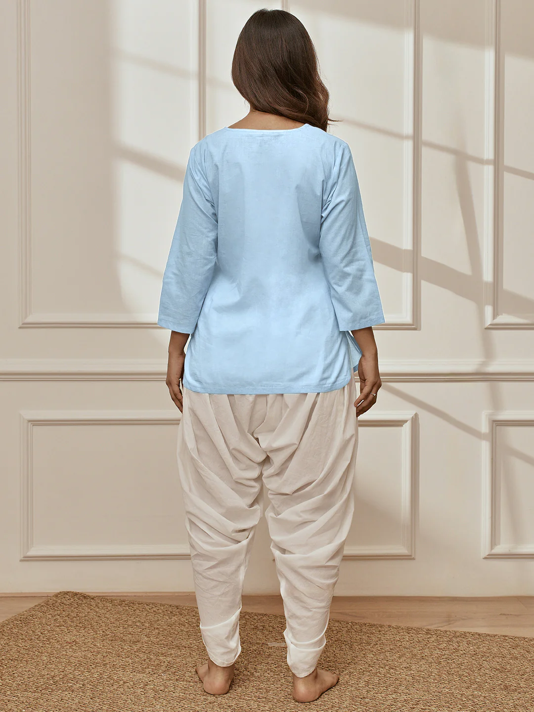 Women's Aqua Cambric Cotton Kurta With White Cambric Dhoti Pants Yoga Set - Image 5