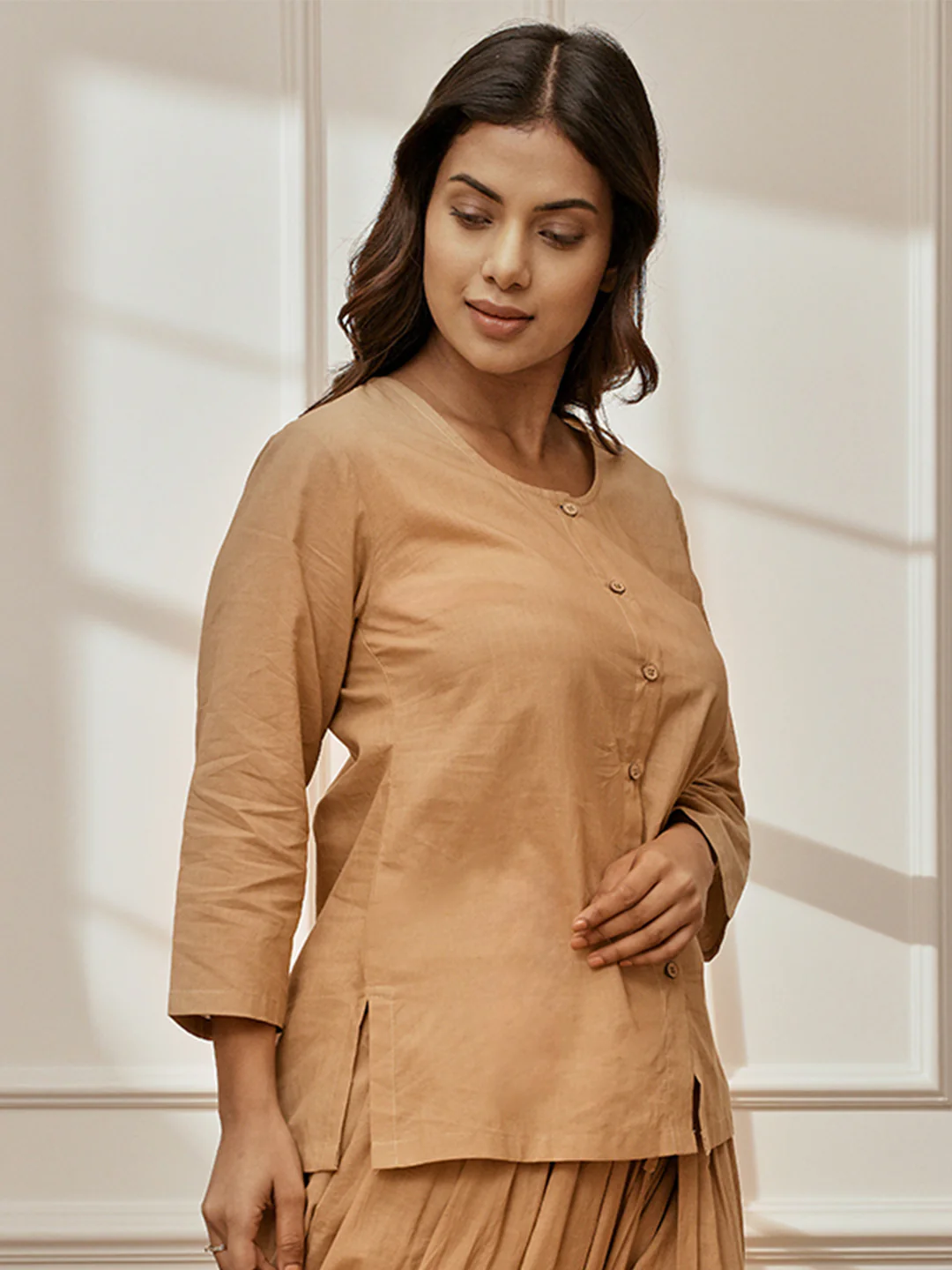 Women's Beige Cambric Cotton Round Neck Yoga Kurta - Image 3