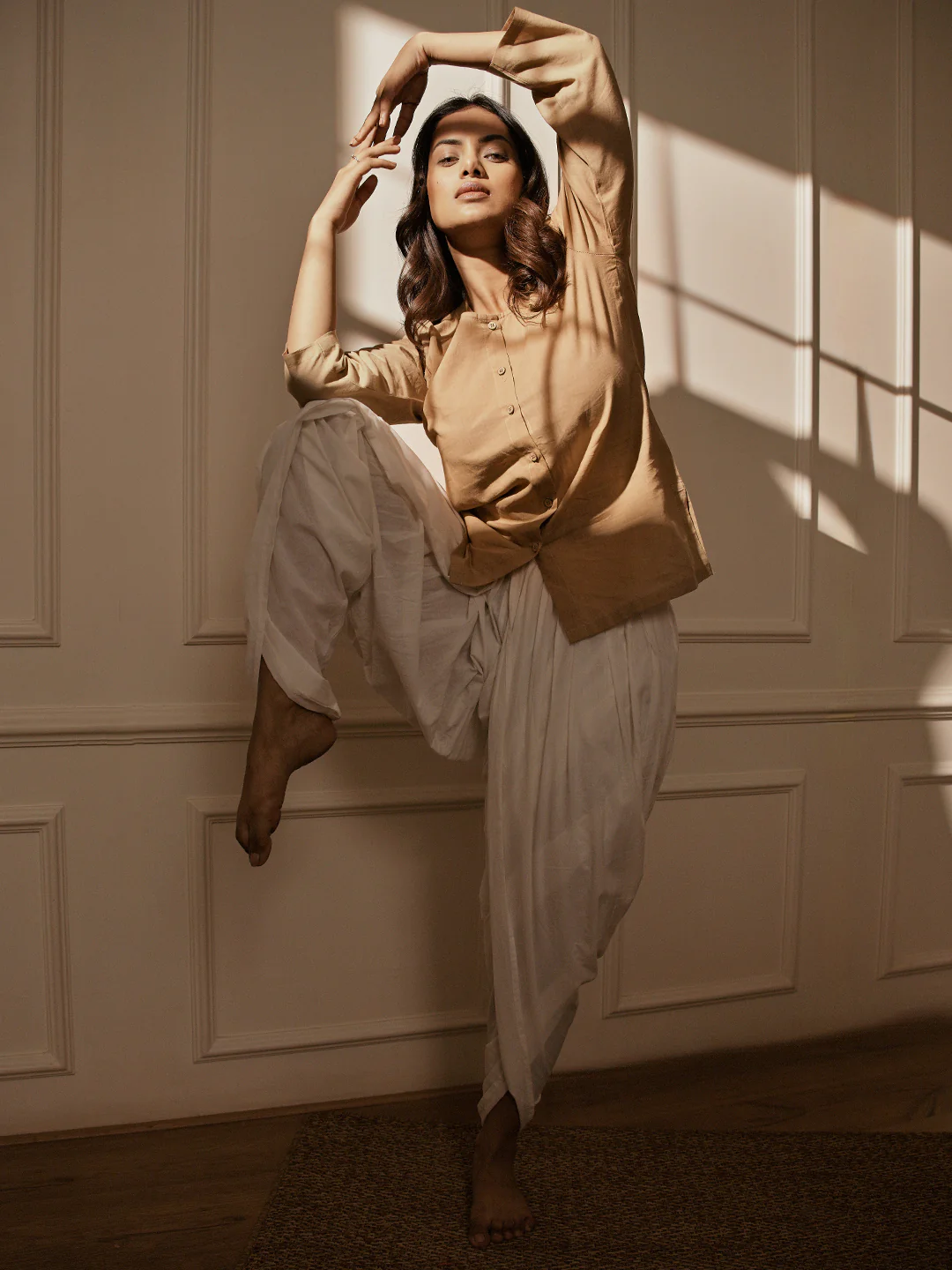 Women's Beige Cambric Cotton Shirt Style Kurta With White Cambric Dhoti Pants Yoga Set