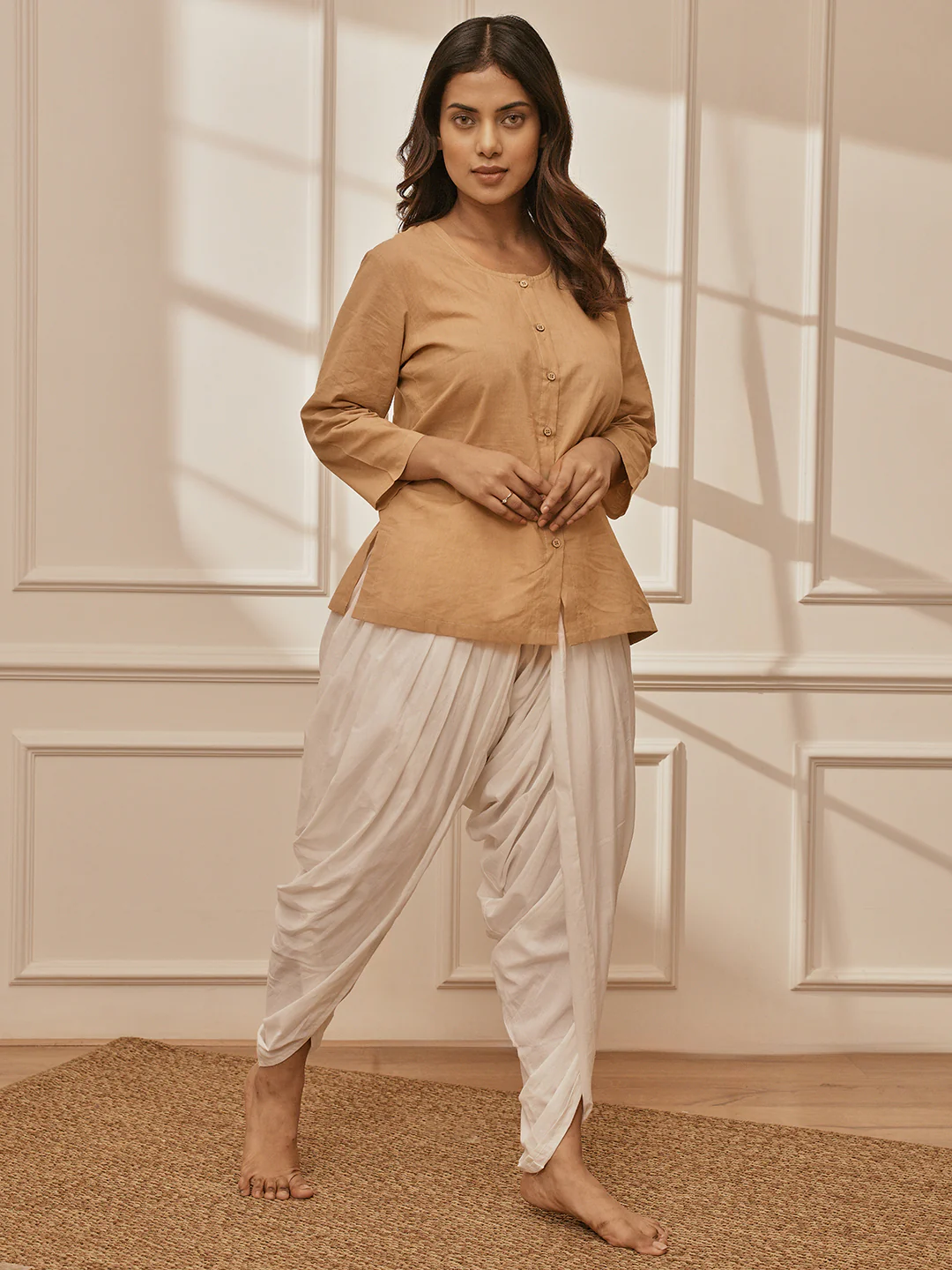 Women's Beige Cambric Cotton Shirt Style Kurta With White Cambric Dhoti Pants Yoga Set - Image 4