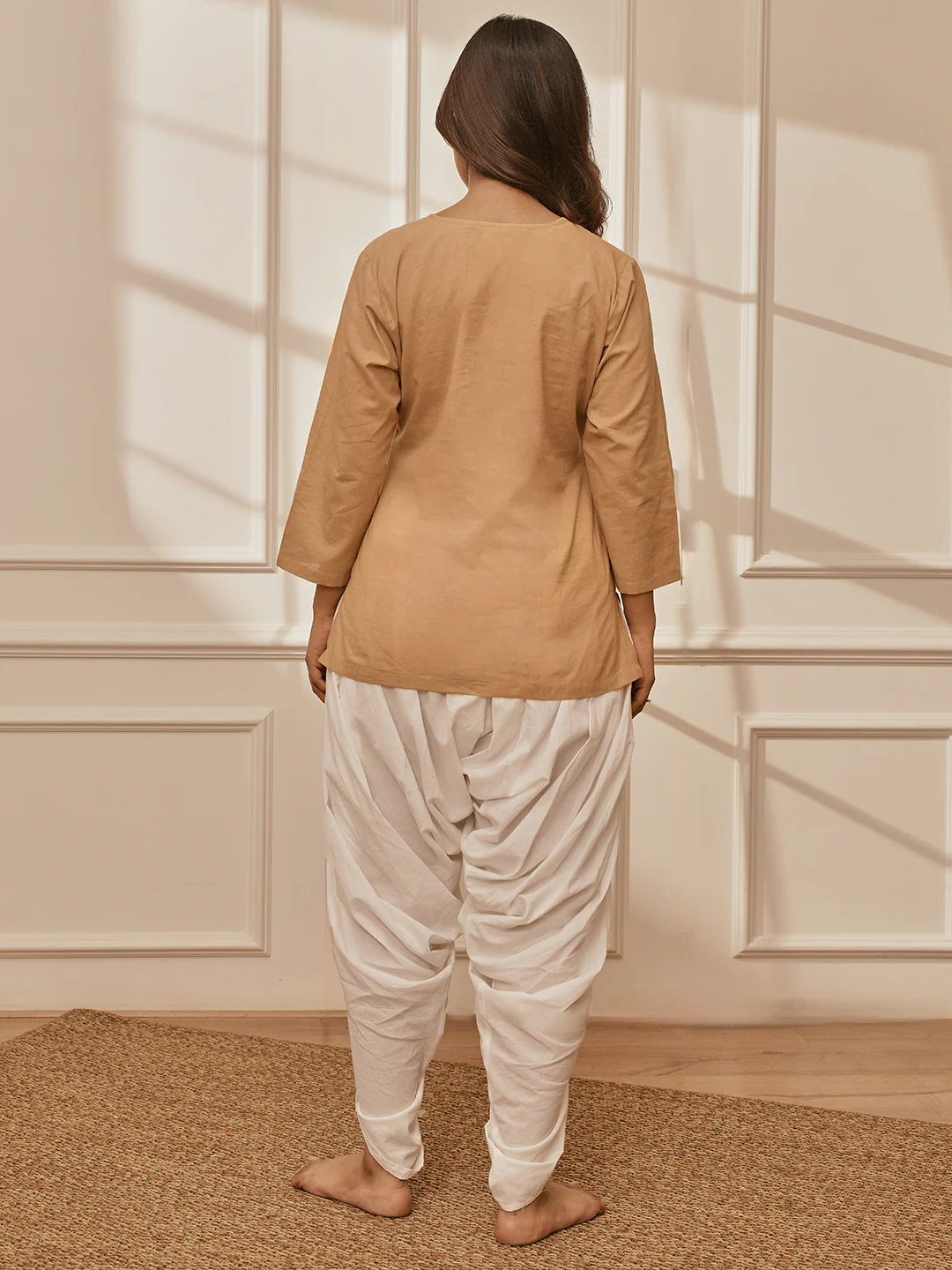 Women's Beige Cambric Cotton Shirt Style Kurta With White Cambric Dhoti Pants Yoga Set - Image 5