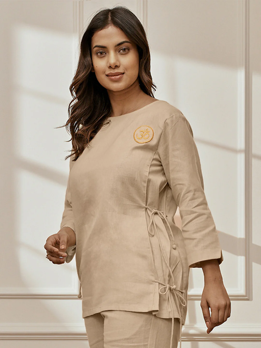 Women Beige Linen Cotton Round Neck Embroidered Yoga Top - Image 3