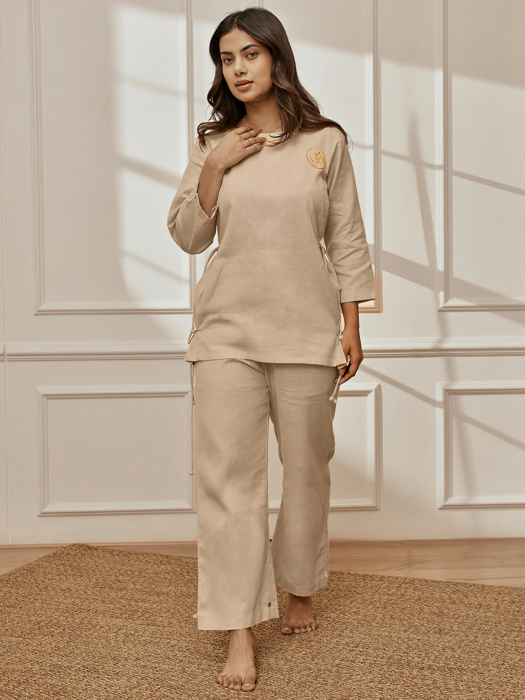 Women Beige Linen Cotton Three-Quarter Sleeves Top with Matching Straight Pants Yoga Set - Image 3