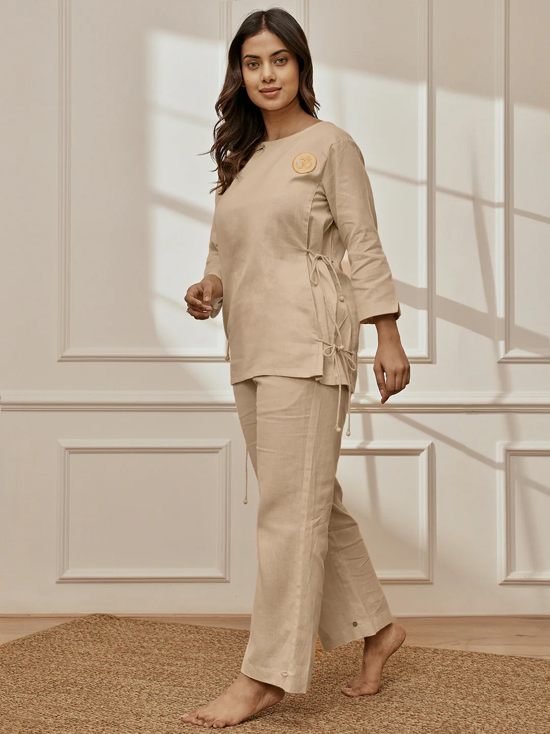 Women Beige Linen Cotton Three-Quarter Sleeves Top with Matching Straight Pants Yoga Set - Image 4