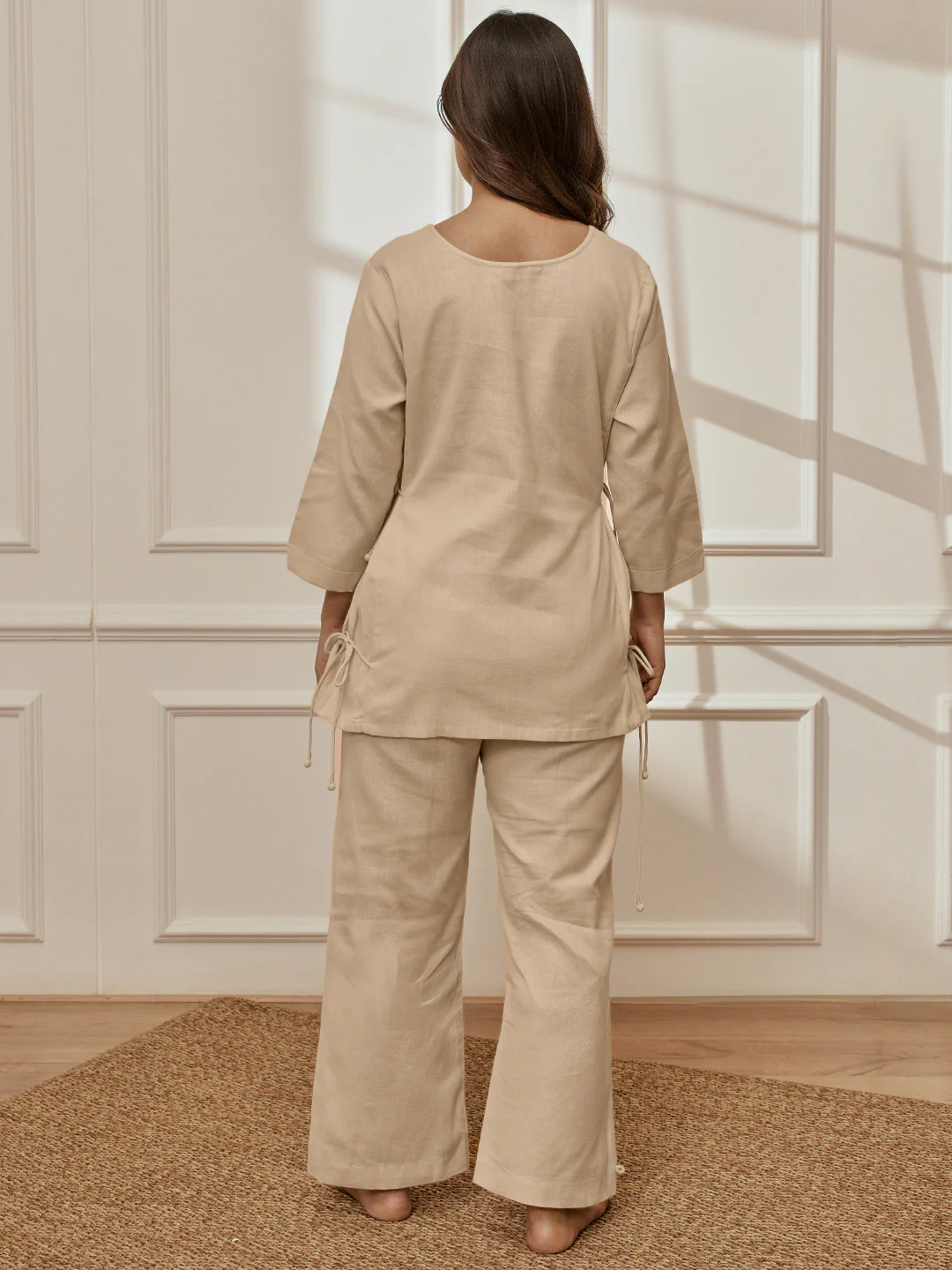 Women Beige Linen Cotton Three-Quarter Sleeves Top with Matching Straight Pants Yoga Set - Image 5