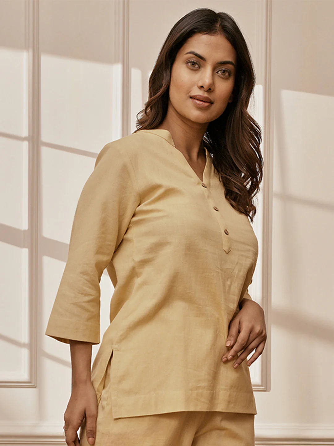 Women's Chiku Cotton Linen Band Collar Yoga Kurta - Image 3