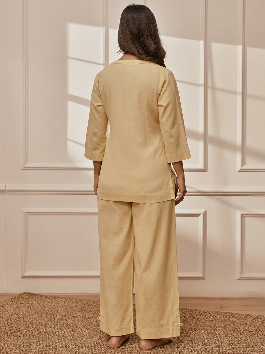 Women Chiku Cotton Linen Three-Quarter Sleeves Yoga Kurta with Straight Pants - Image 5