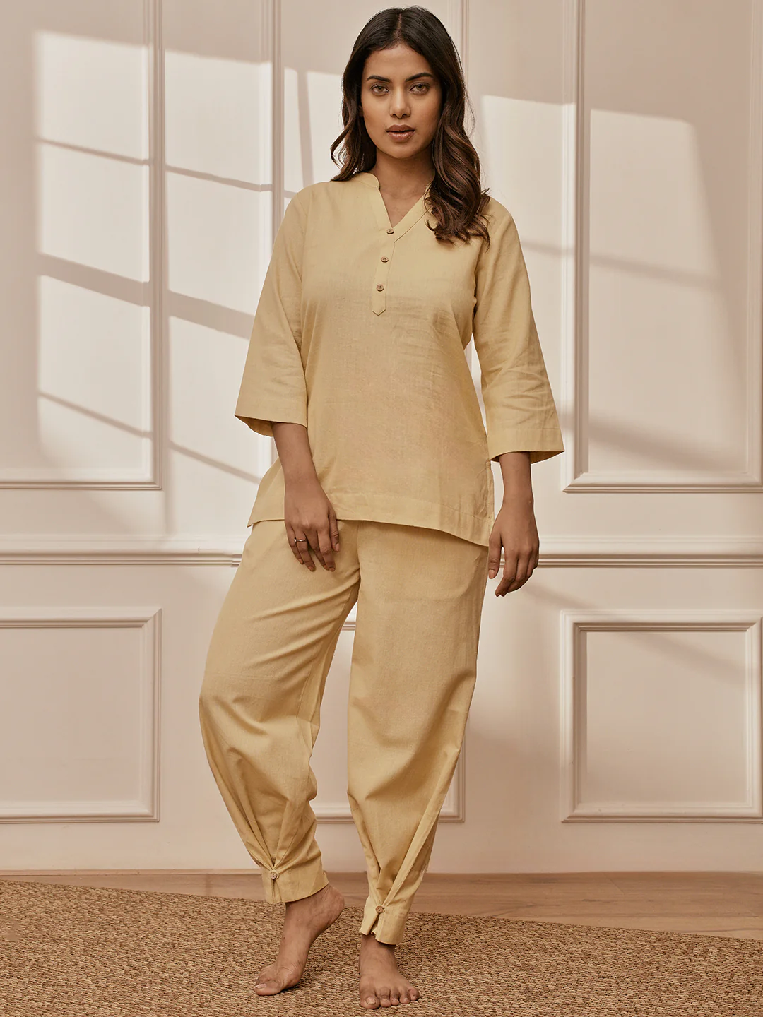 Women Chiku Cotton Linen Three-Quarter Sleeves Yoga Kurta with Straight Pants - Image 8