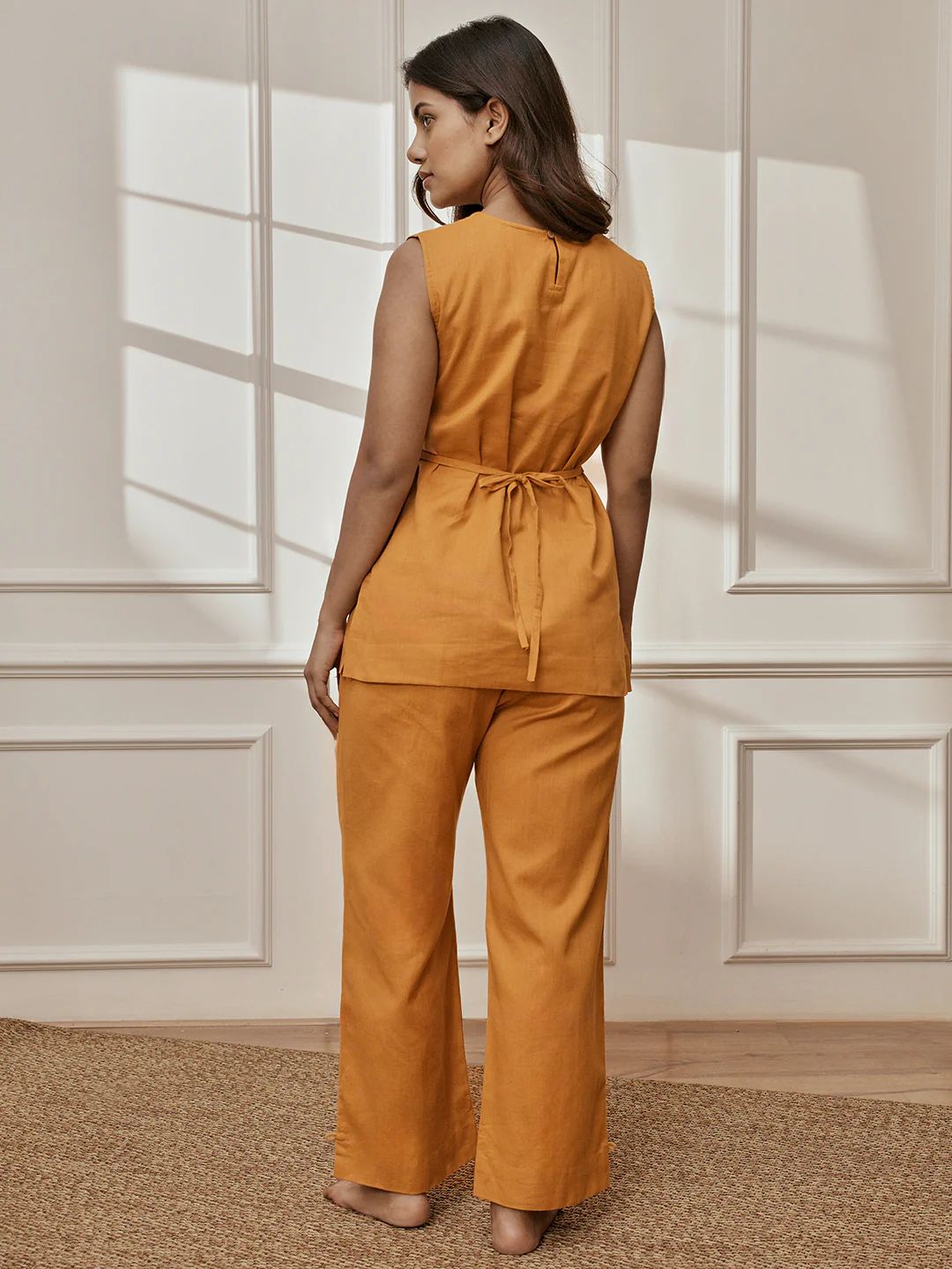 Women's Dusty Saffron Ethnic Embroidered Yoga Sleeveless Kurta With Straight Pants - Image 5