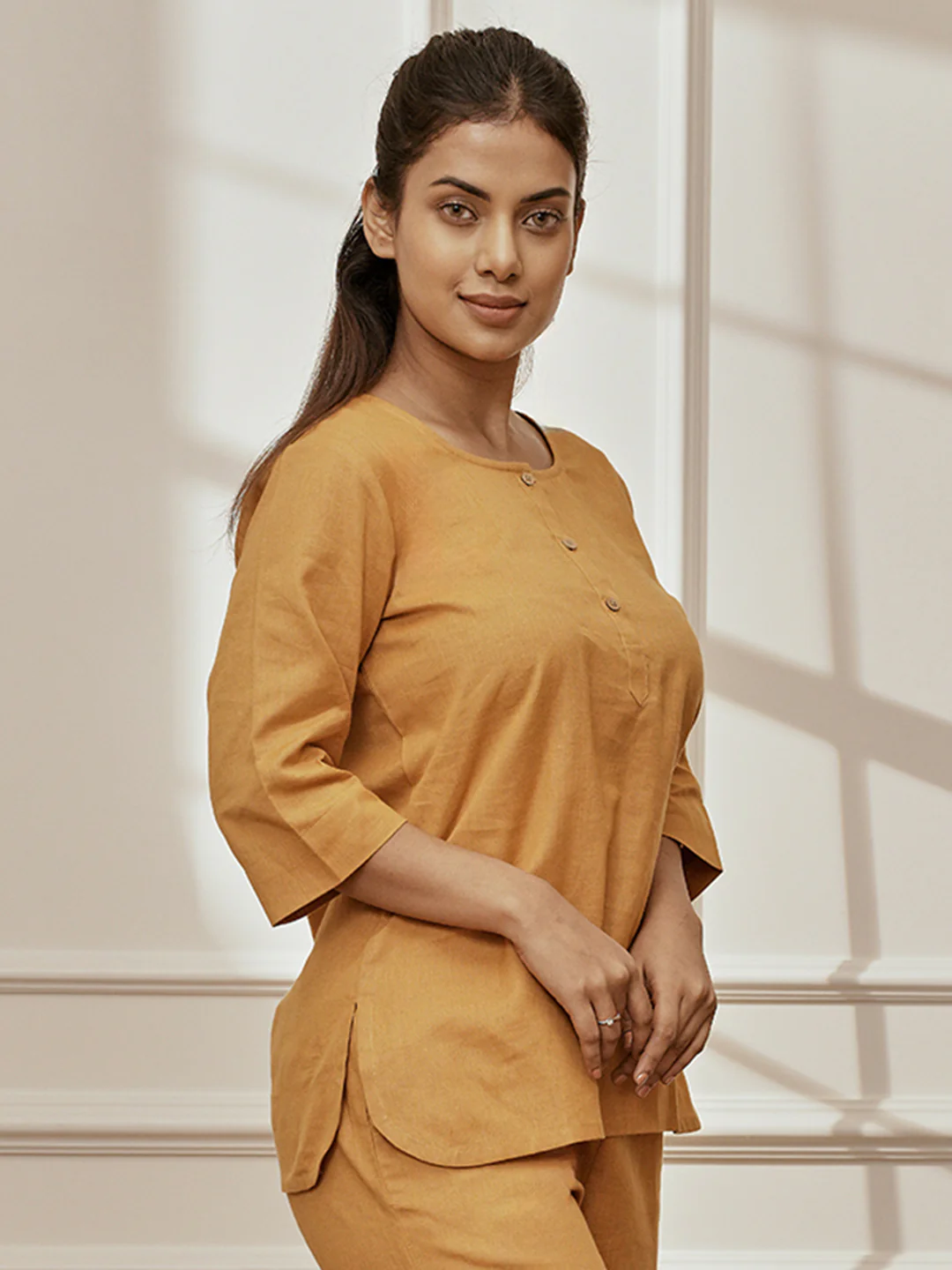 Women's Dusty Saffron Linen Cotton Round Neck Yoga Kurta - Image 3