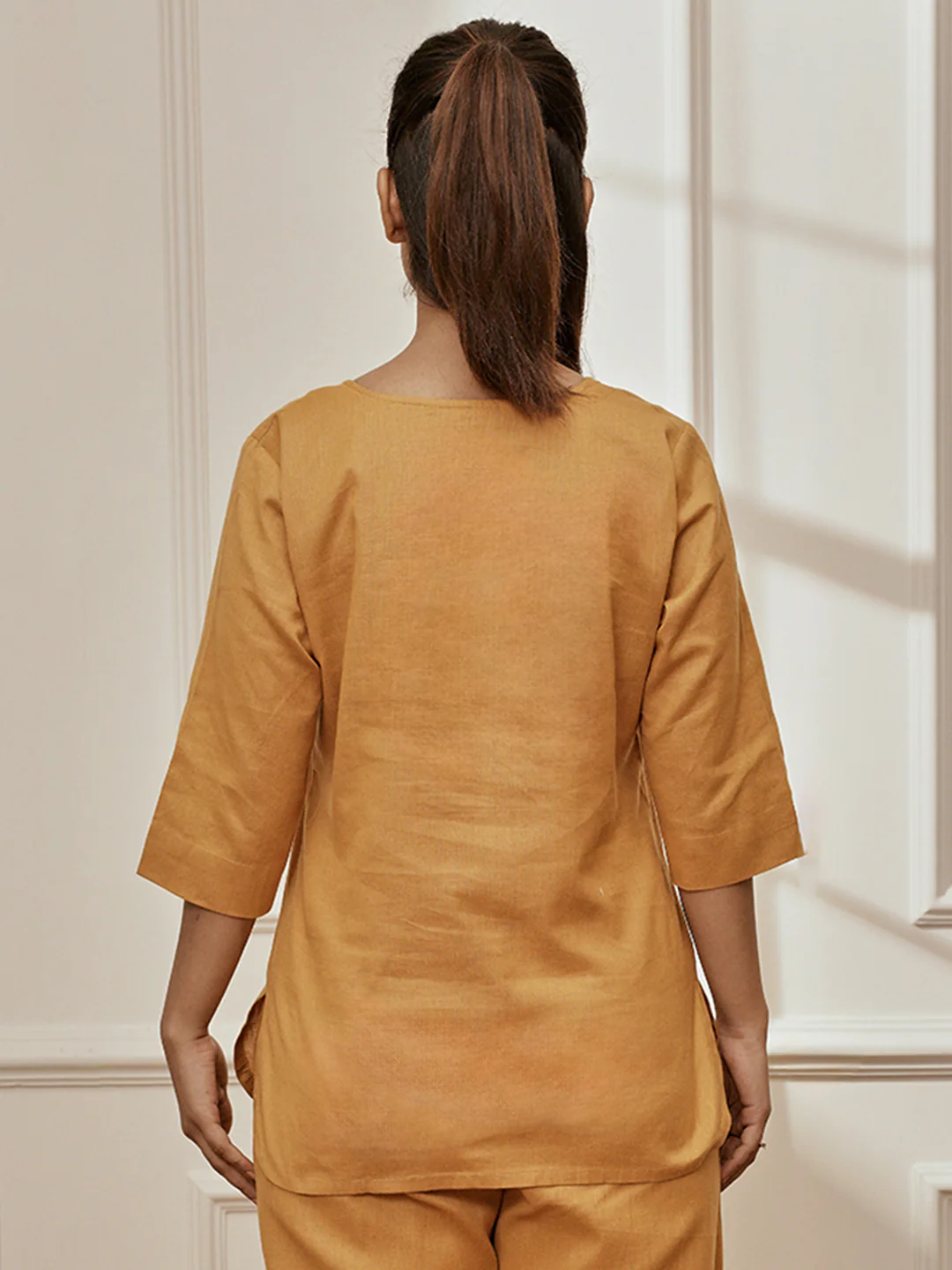 Women's Dusty Saffron Linen Cotton Round Neck Yoga Kurta - Image 4