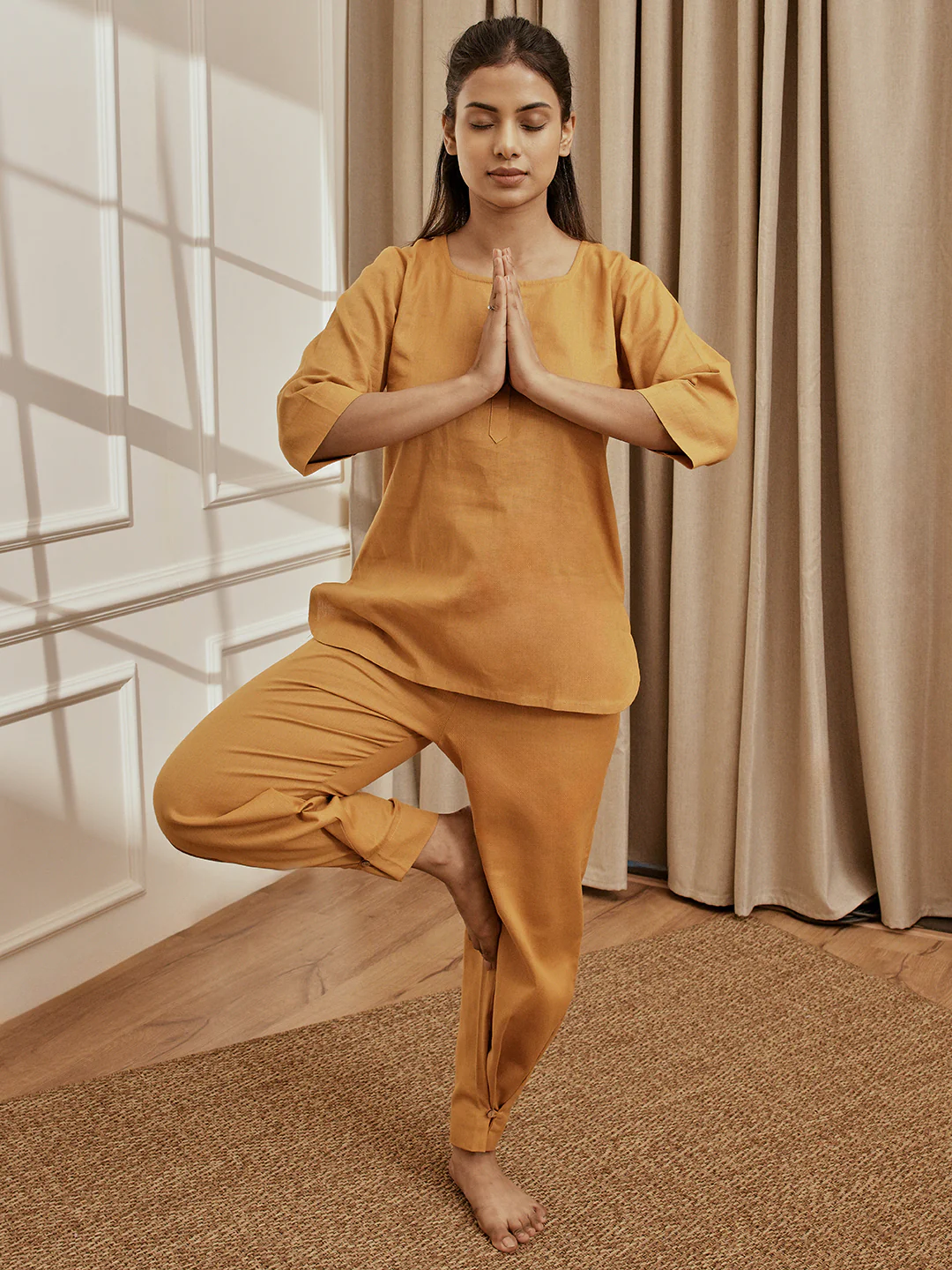 Women's Dusty Saffron Linen Cotton Round Neck Yoga Kurta - Image 5