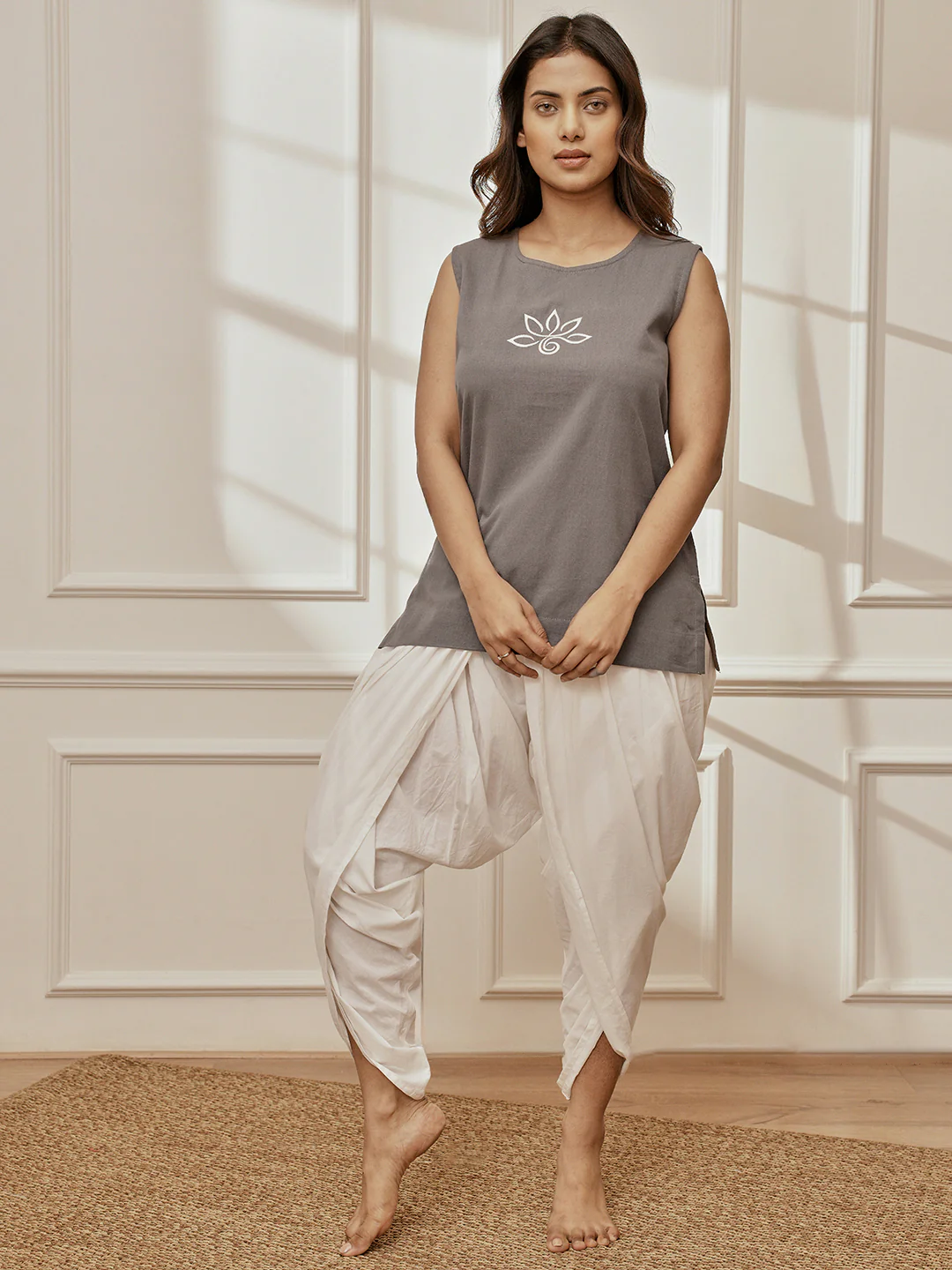 Women's Grey Embroidered Yoga Kurta With White Dhoti Pants - Image 3