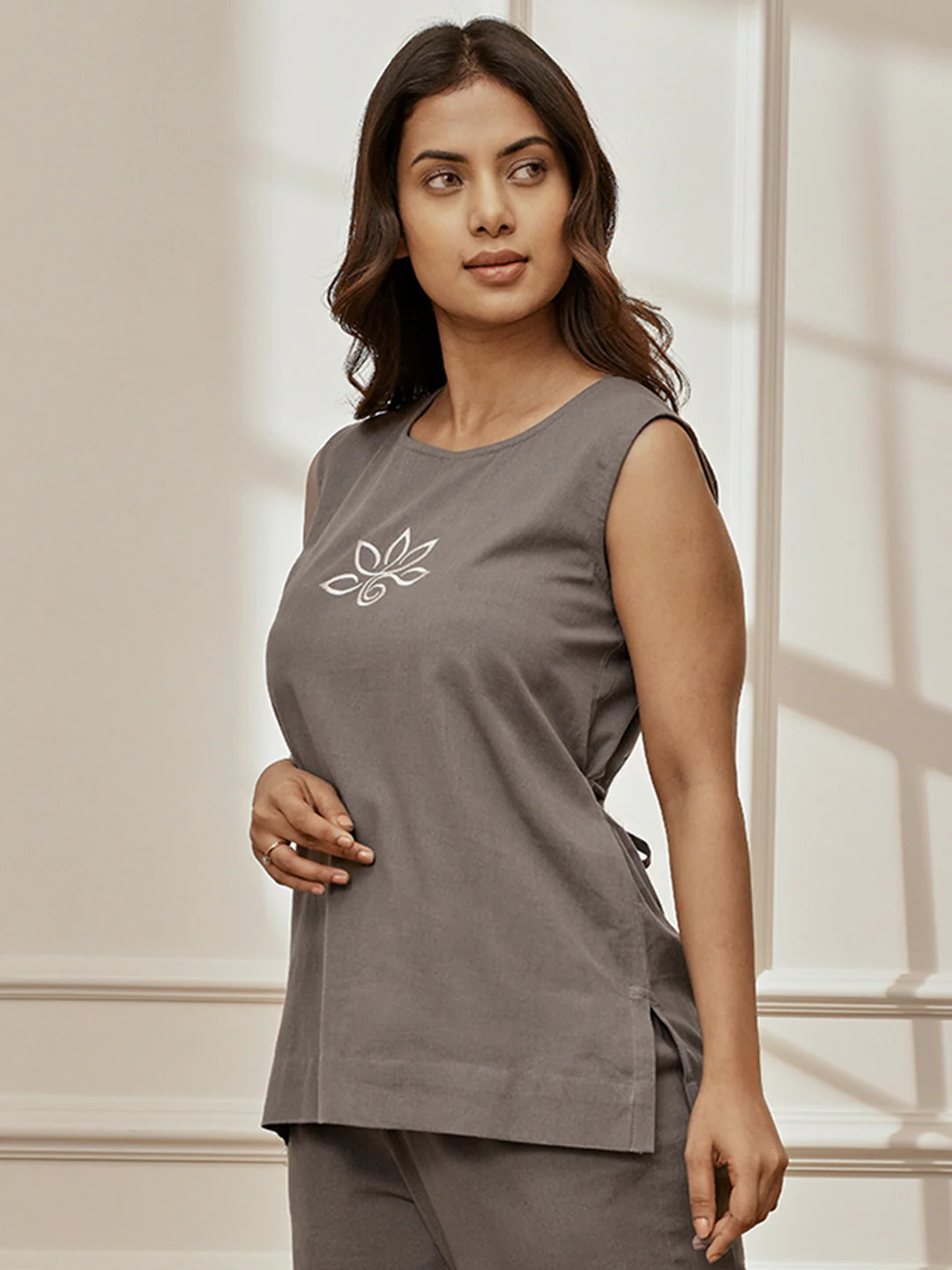 Women's Grey Linen Cotton Sleeveless Embroidered Yoga Top - Image 3