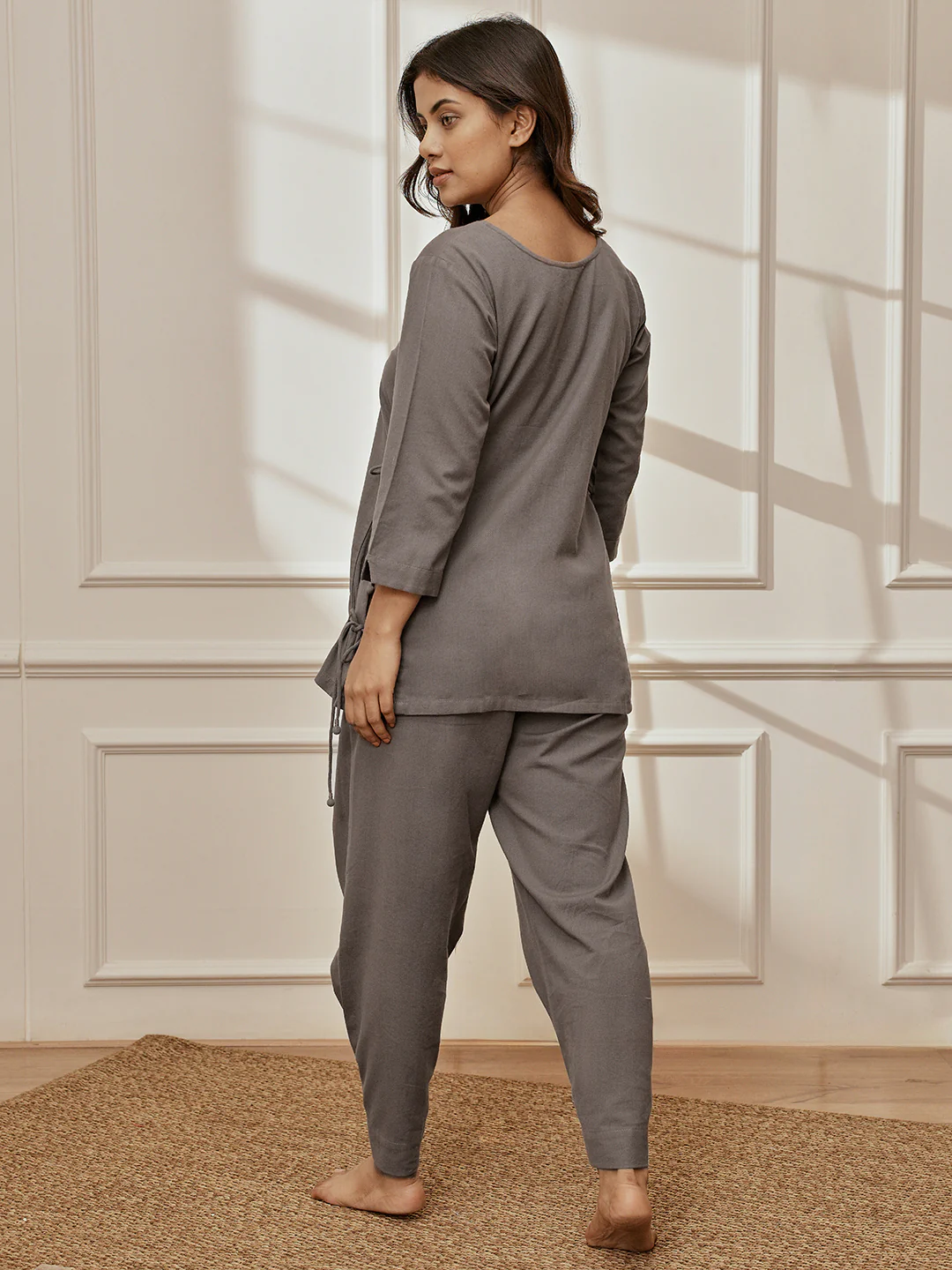 Women Grey Linen Cotton Three-Quarter Sleeves Top with Matching Straight Pants Yoga Set - Image 4