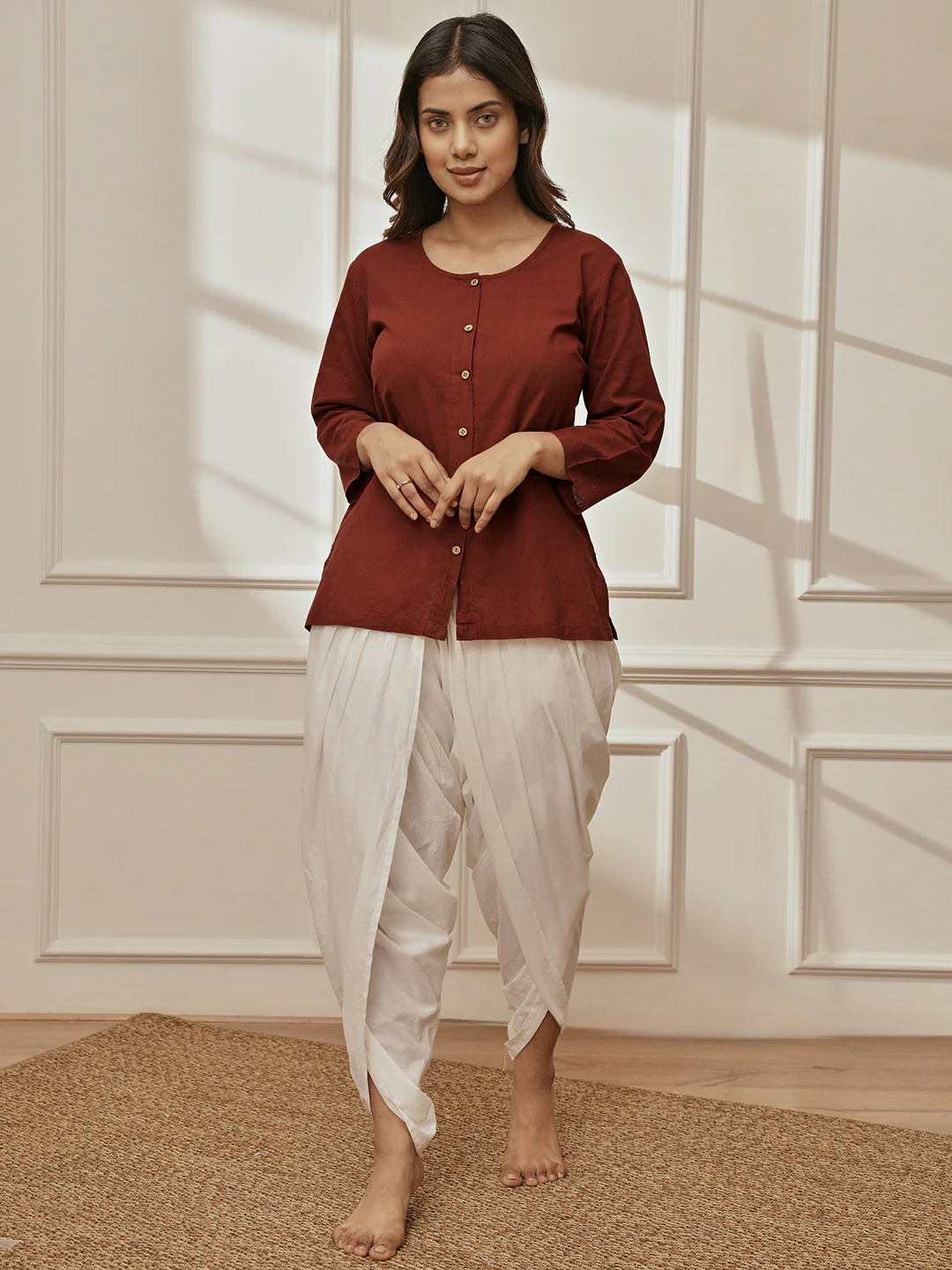 Women's Maroon Cambric Cotton Shirt Style Kurta With White Cambric Dhoti Pants Yoga Set - Image 3