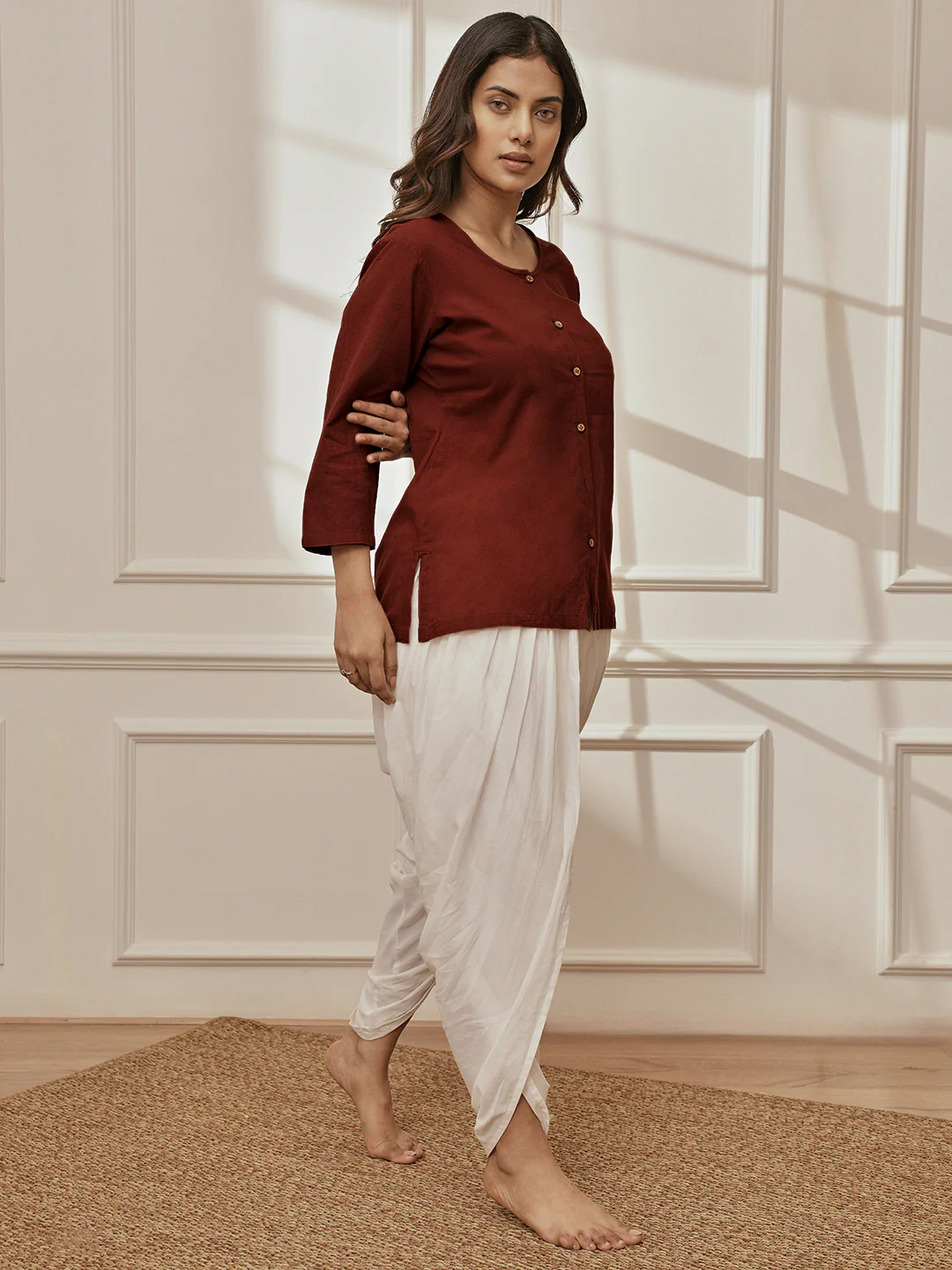 Women's Maroon Cambric Cotton Shirt Style Kurta With White Cambric Dhoti Pants Yoga Set - Image 4