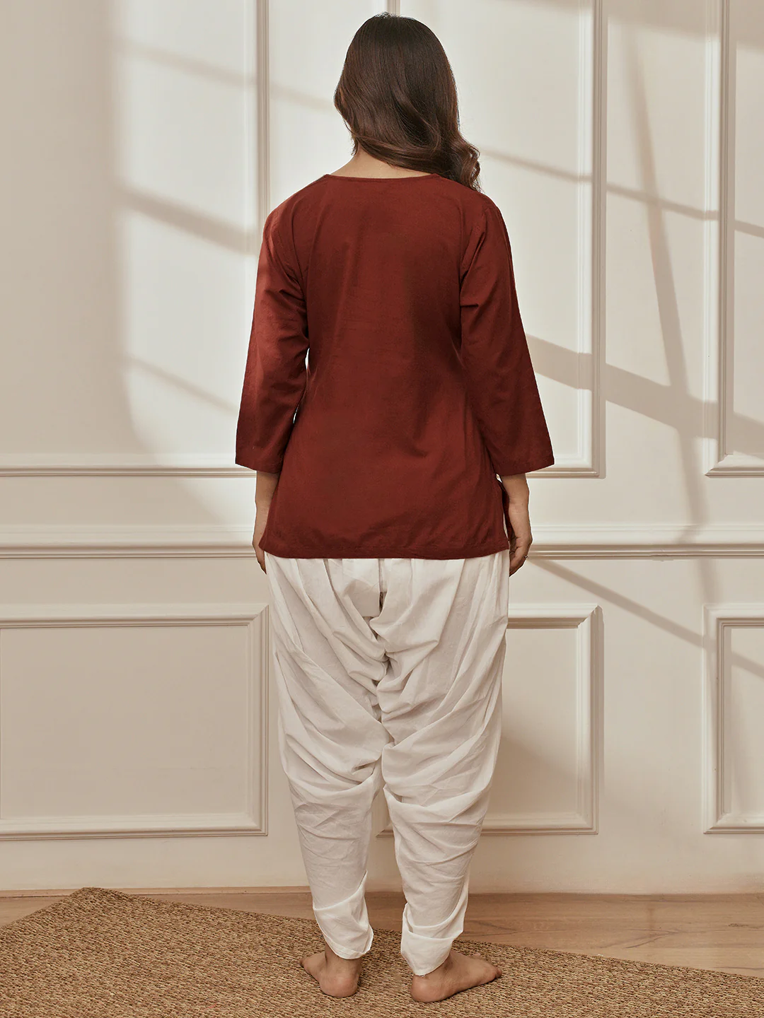 Women's Maroon Cambric Cotton Shirt Style Kurta With White Cambric Dhoti Pants Yoga Set - Image 5