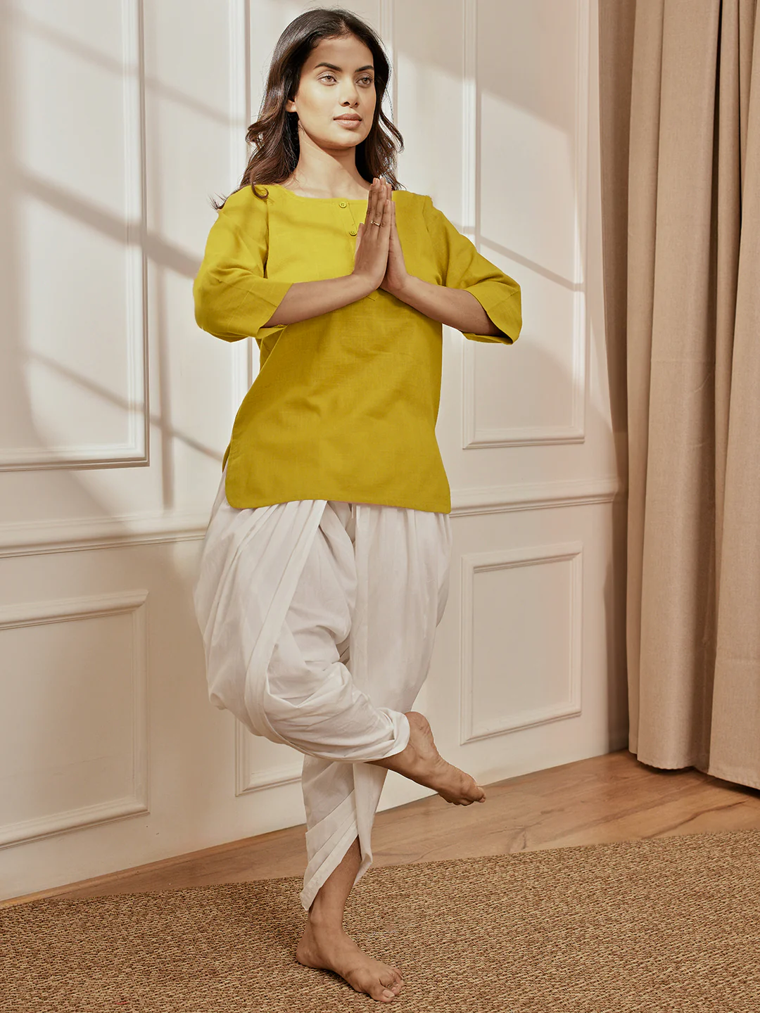 Women's Olive Green Cambric Cotton Round Neck Yoga Kurta - Image 5