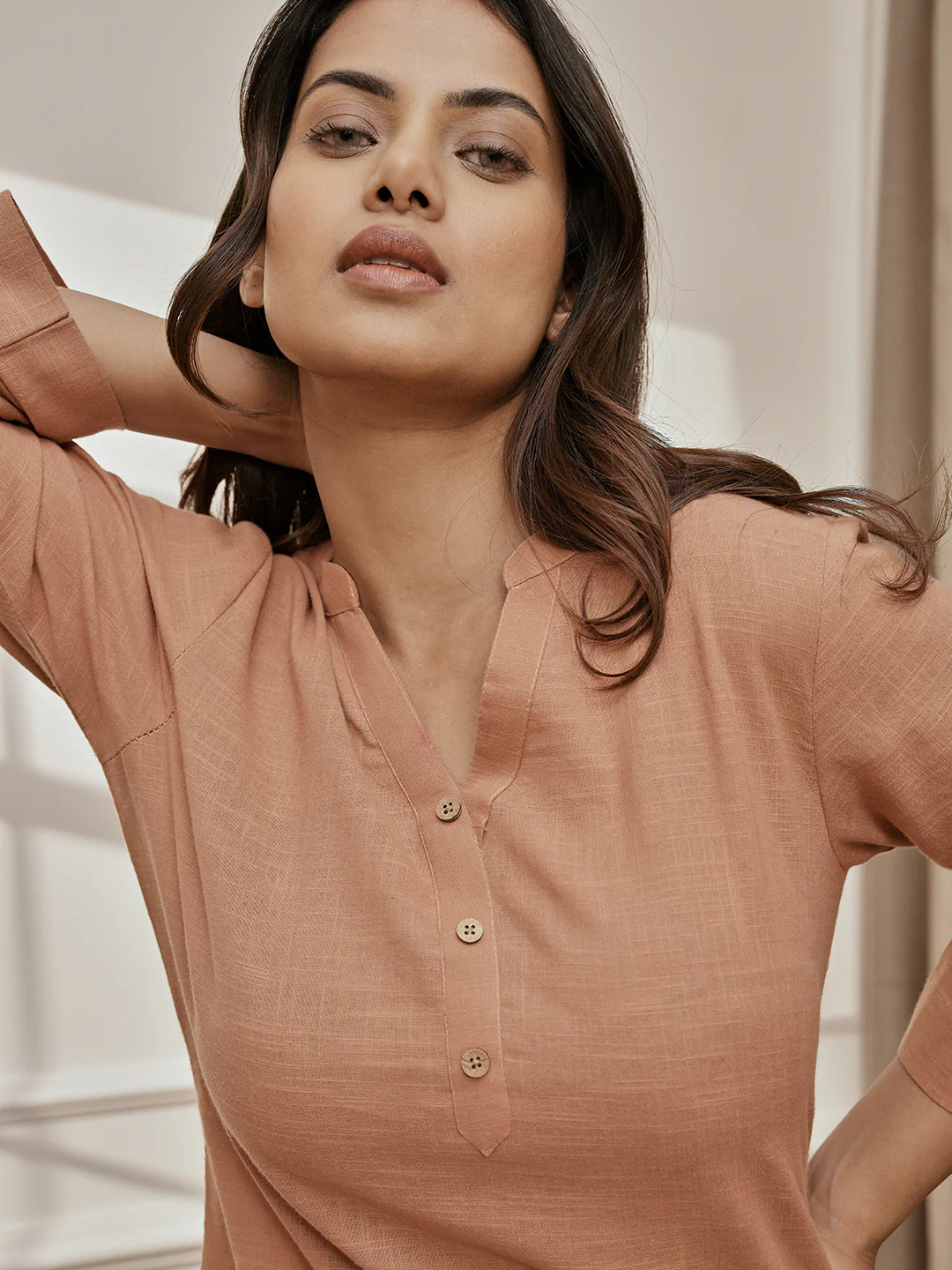 Women Rose Pink Cotton Linen Three-Quarter Sleeves Yoga Kurta with Straight Pants - Image 2