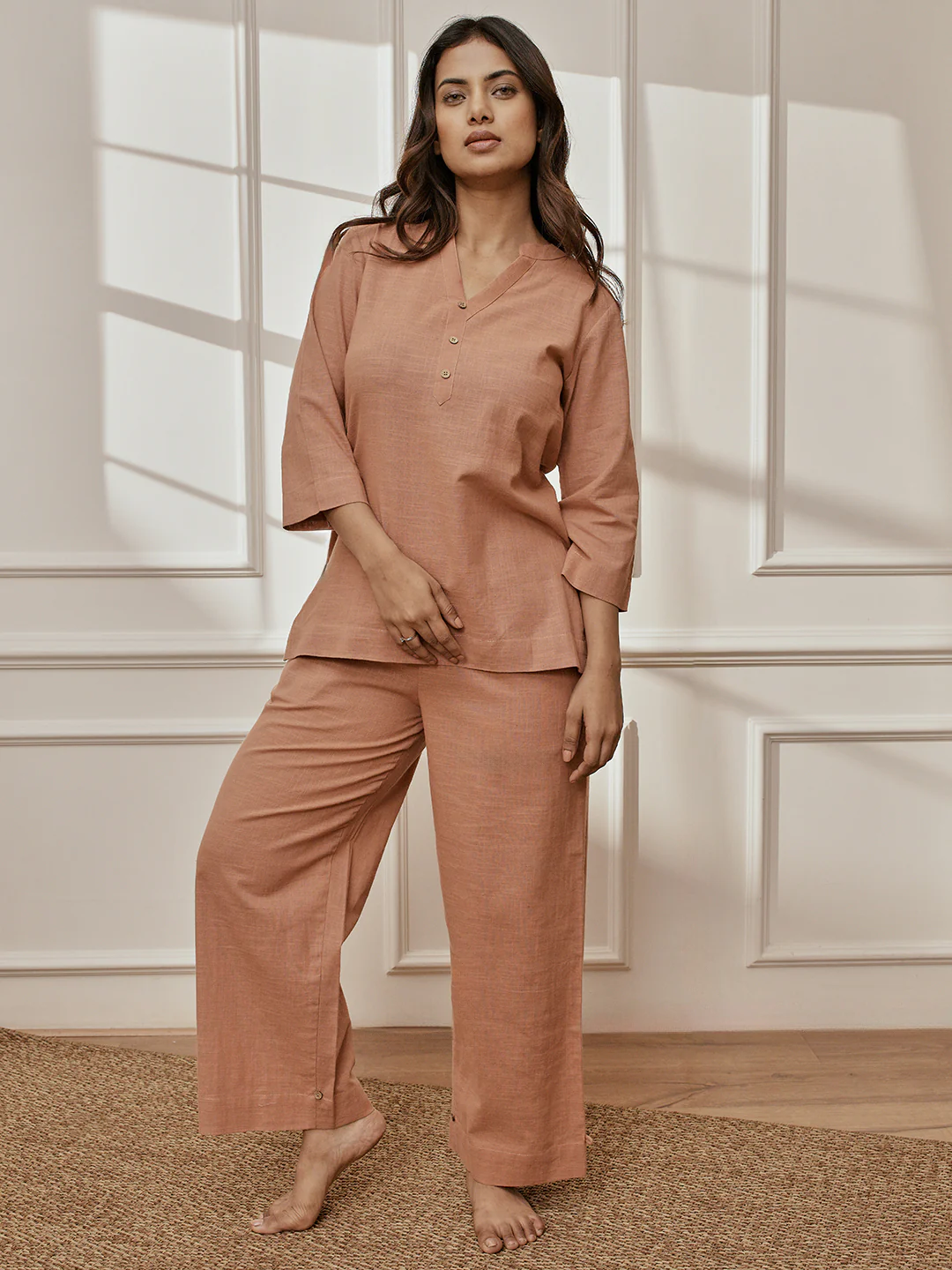 Women Rose Pink Cotton Linen Three-Quarter Sleeves Yoga Kurta with Straight Pants - Image 3