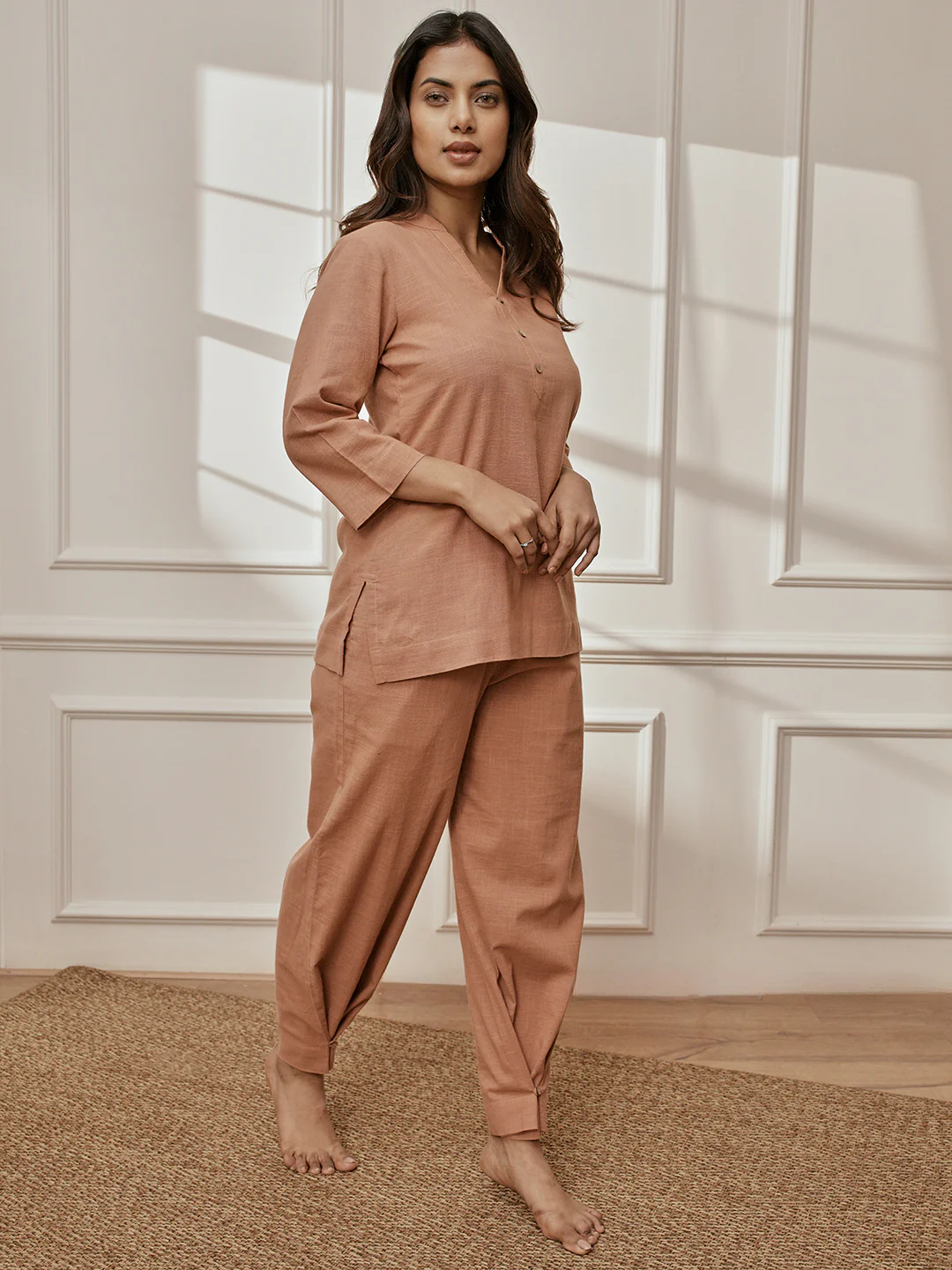 Women Rose Pink Cotton Linen Three-Quarter Sleeves Yoga Kurta with Straight Pants - Image 4