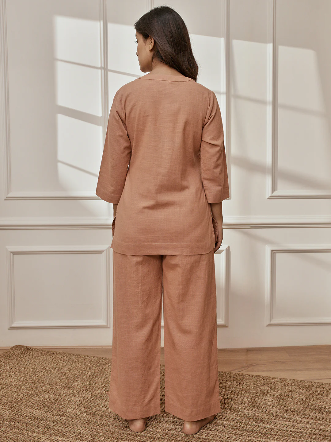 Women Rose Pink Cotton Linen Three-Quarter Sleeves Yoga Kurta with Straight Pants - Image 5