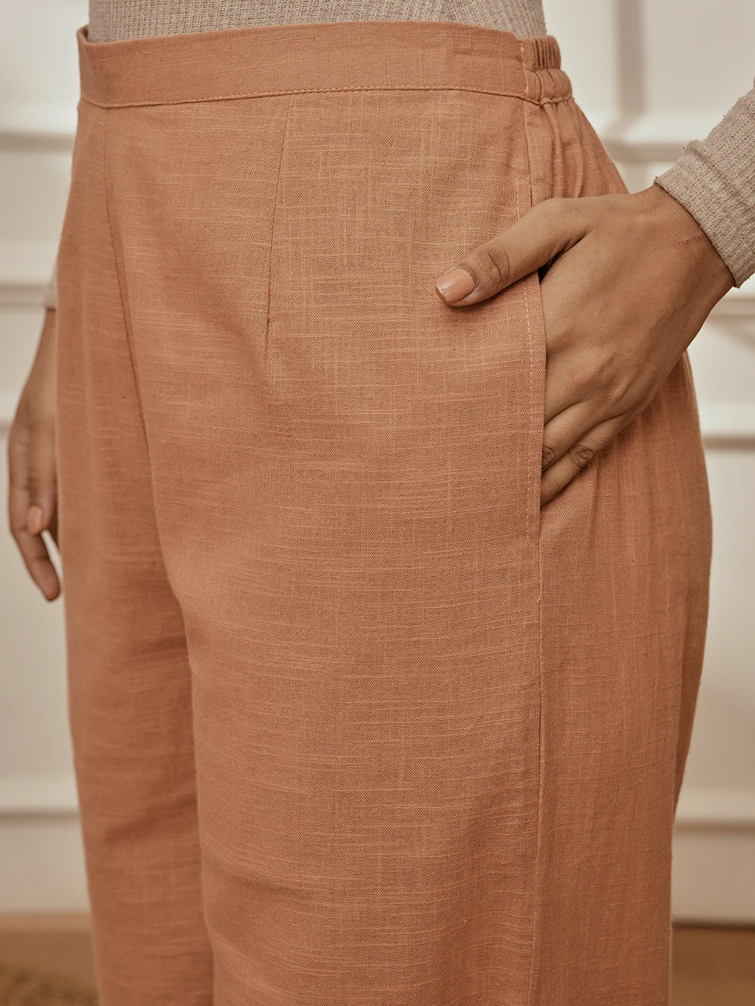 Women Rose Pink Cotton Linen Three-Quarter Sleeves Yoga Kurta with Straight Pants - Image 6