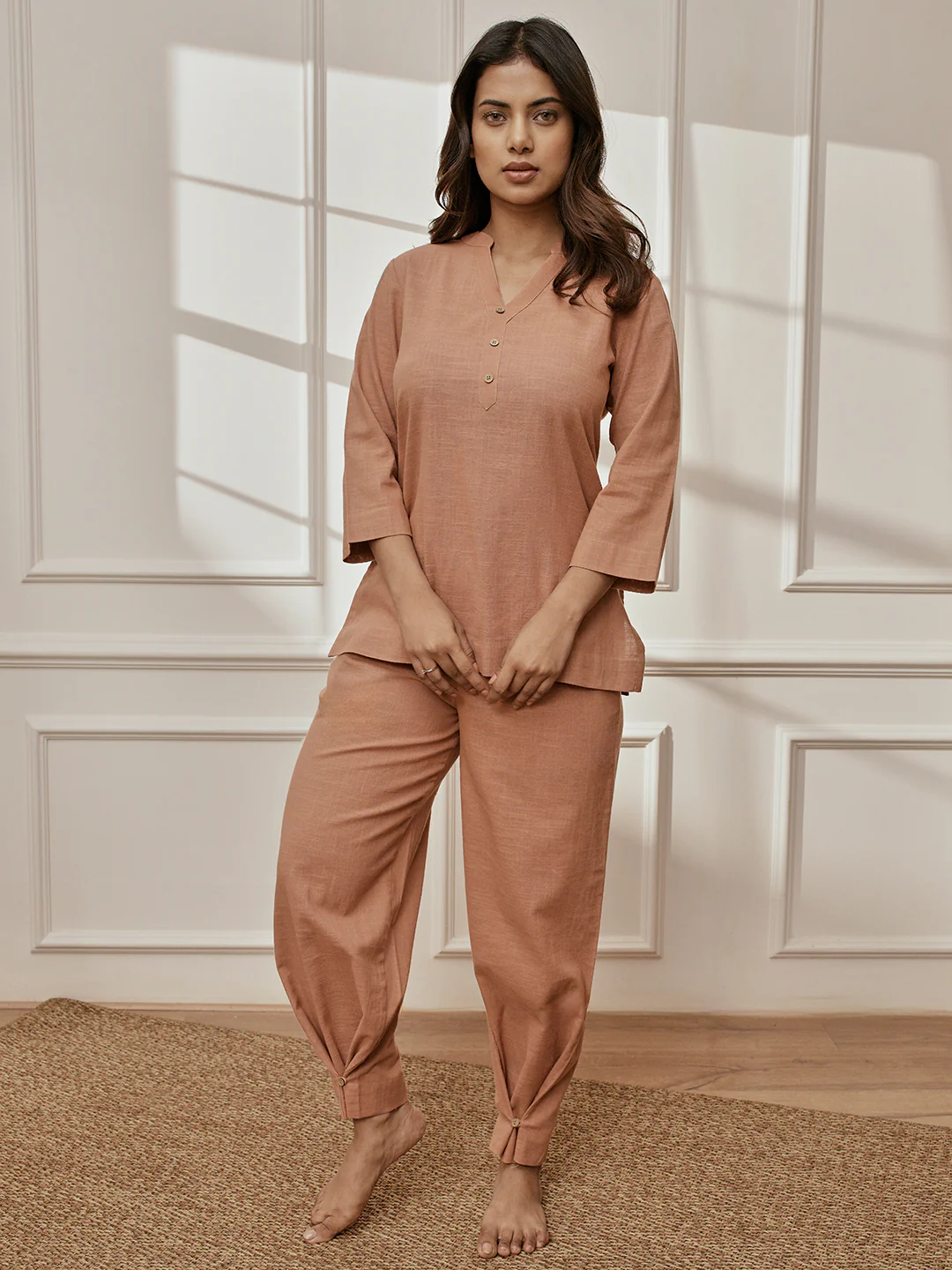 Women Rose Pink Cotton Linen Three-Quarter Sleeves Yoga Kurta with Straight Pants - Image 8