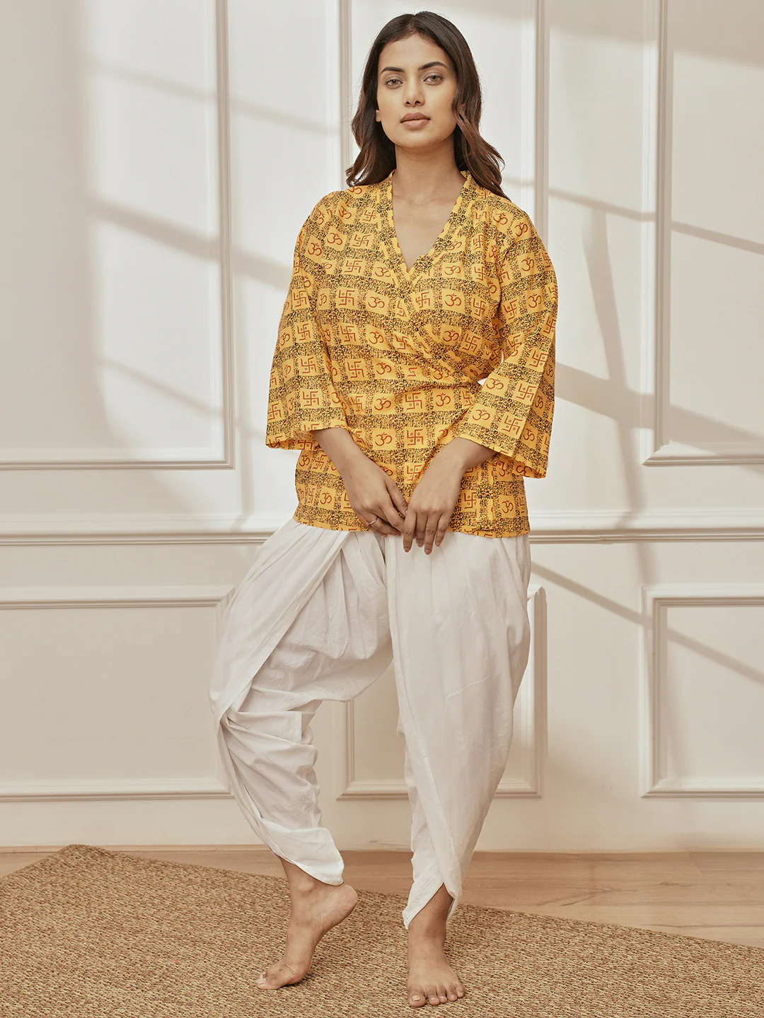 Women Yellow Printed Wrap Top with White Dhoti Pant - Image 3