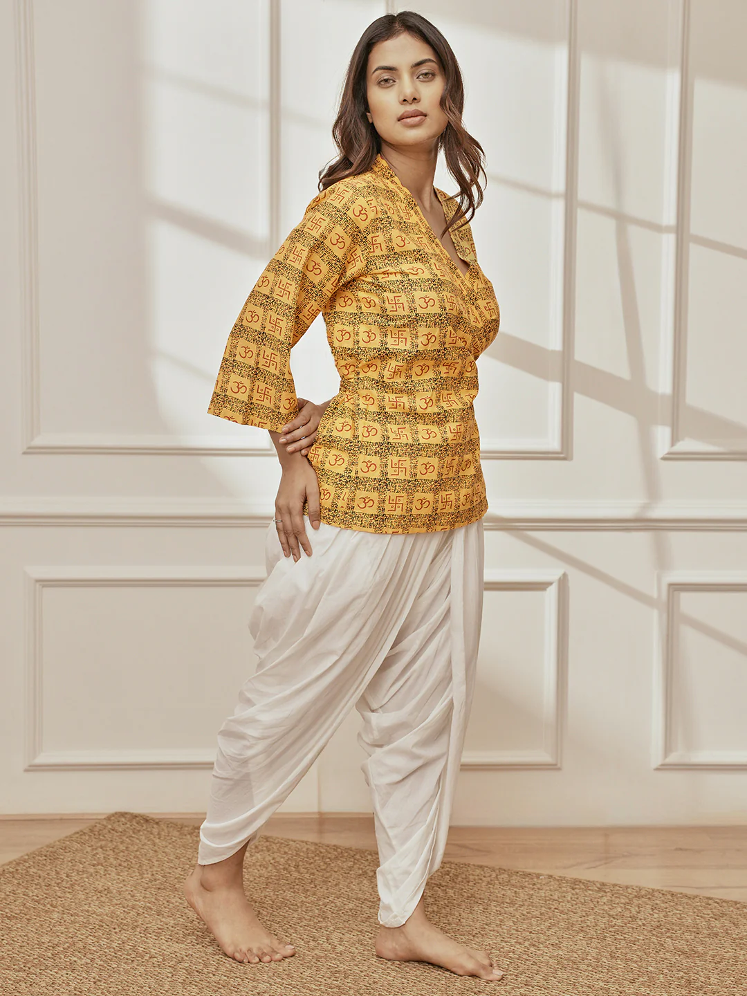 Women Yellow Printed Wrap Top with White Dhoti Pant - Image 4