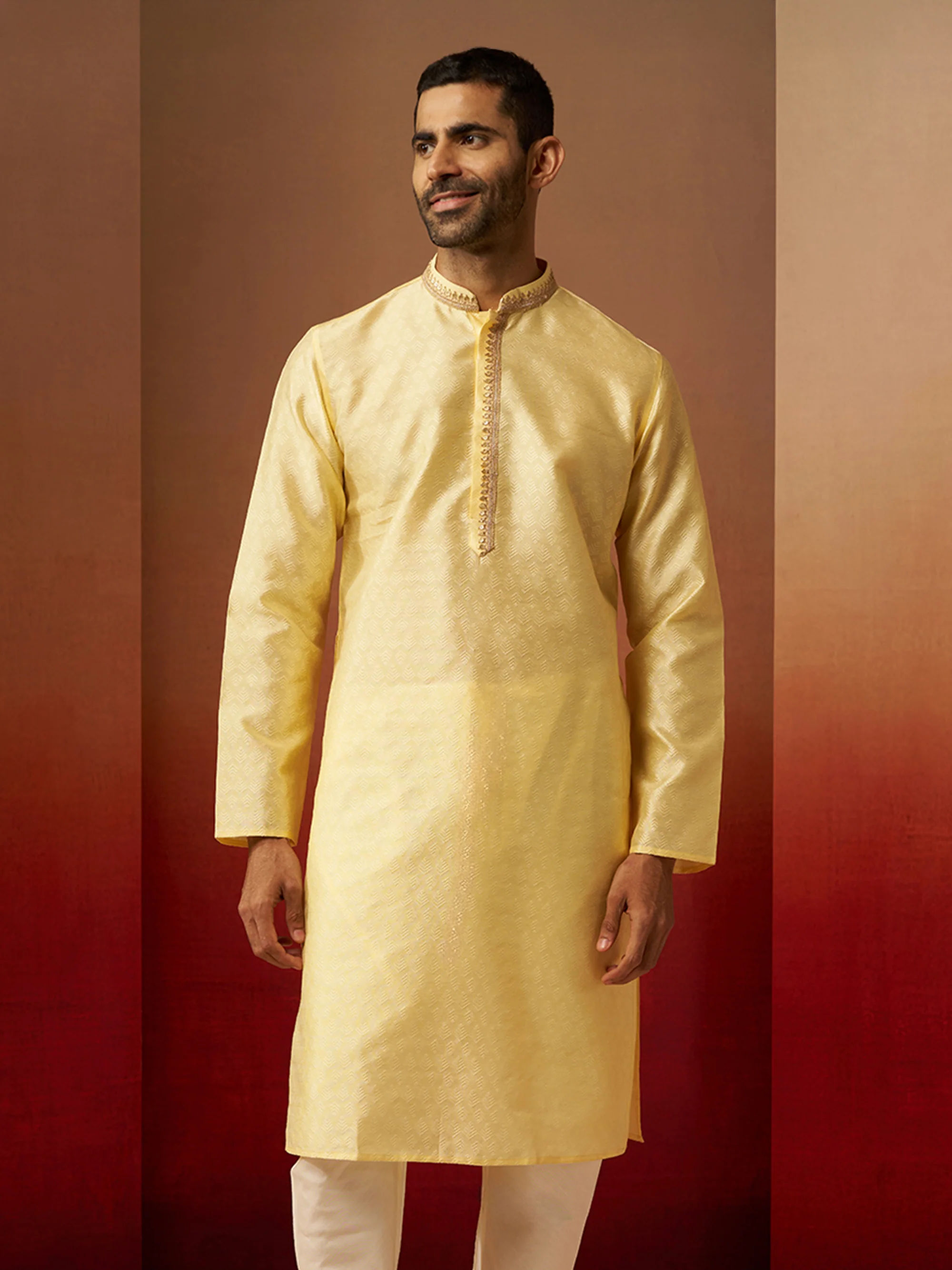 Men Yellow Silk Anmol Jacquard Kurta - Image 3