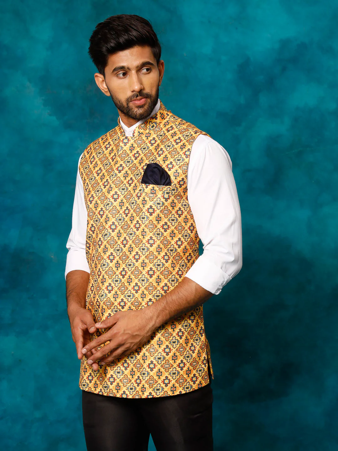 Yellow Geometric Print Embellished Nehru Jacket - Image 2