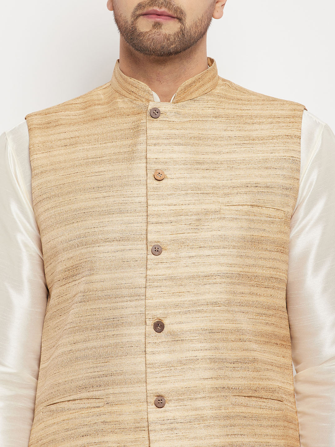 Men's Beige Matka Silk Nehru Jacket With Cream Silk Blend Kurta And Pant Style Pyjama Set - Image 4