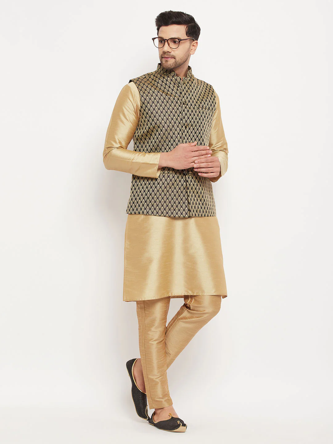 Men's Black Ethnic Jacket With Rose Gold Silk Blend Kurta And Pant Style Pyjama Set - Image 6