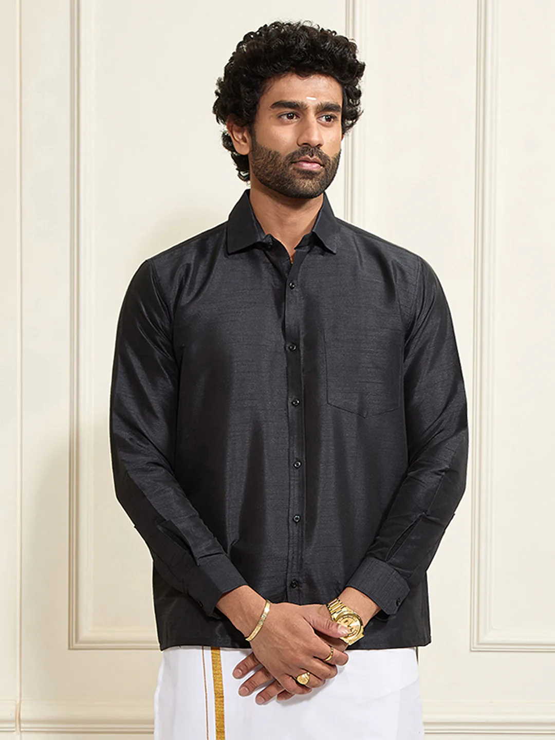 Men's Black Silk Blend Ethnic Shirt - Image 4