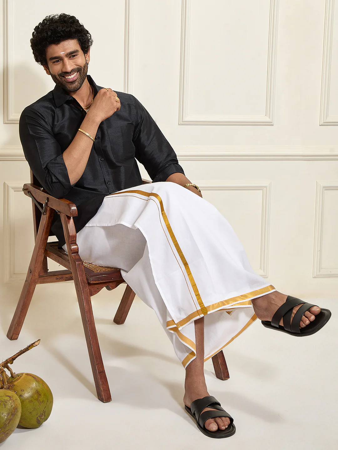 Men's Black Silk Blend Ethnic Shirt - Image 5
